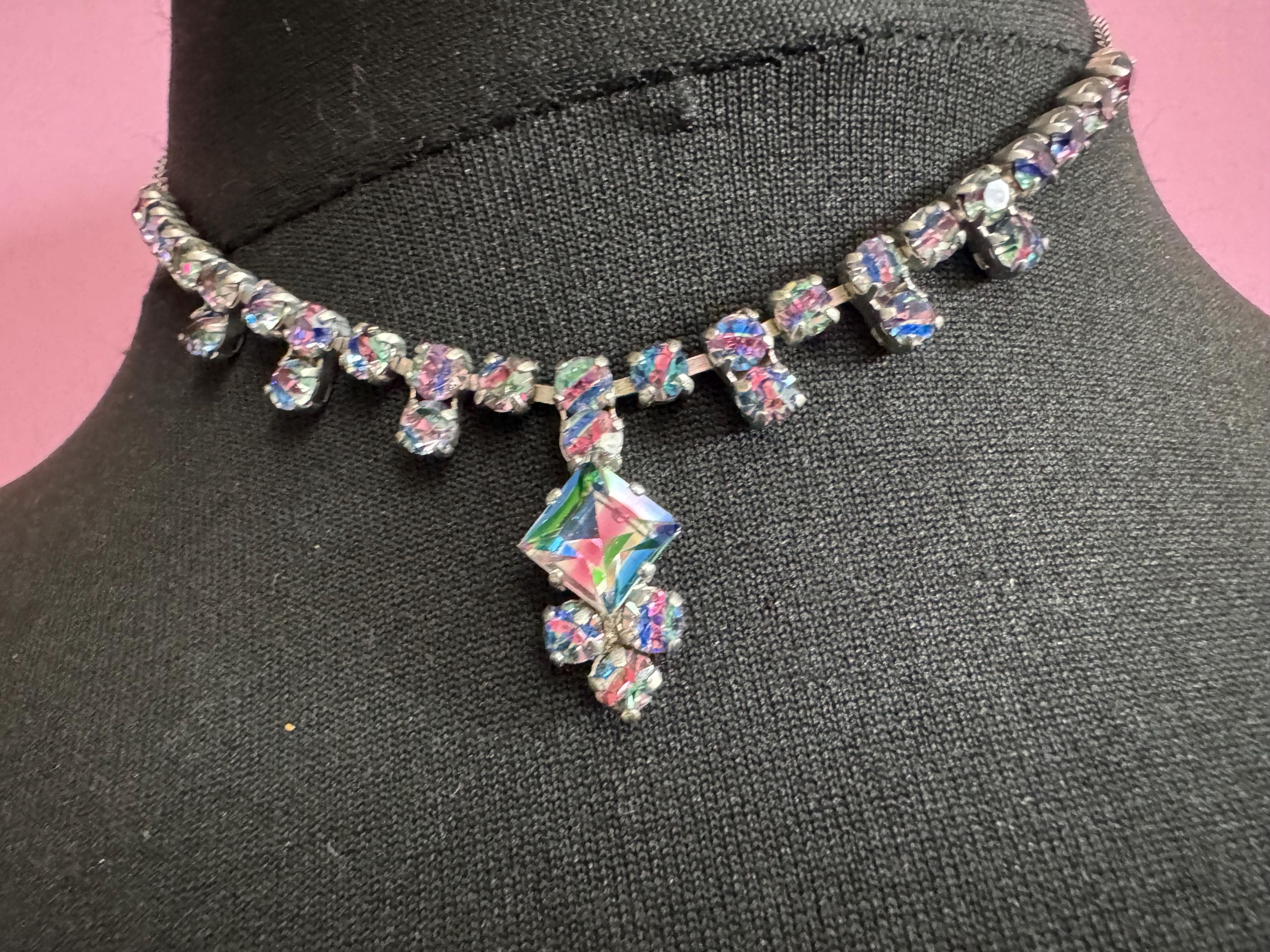 40cm coloured iris glass diamanté crystal drop necklace, rainbow rhinestones, vintage