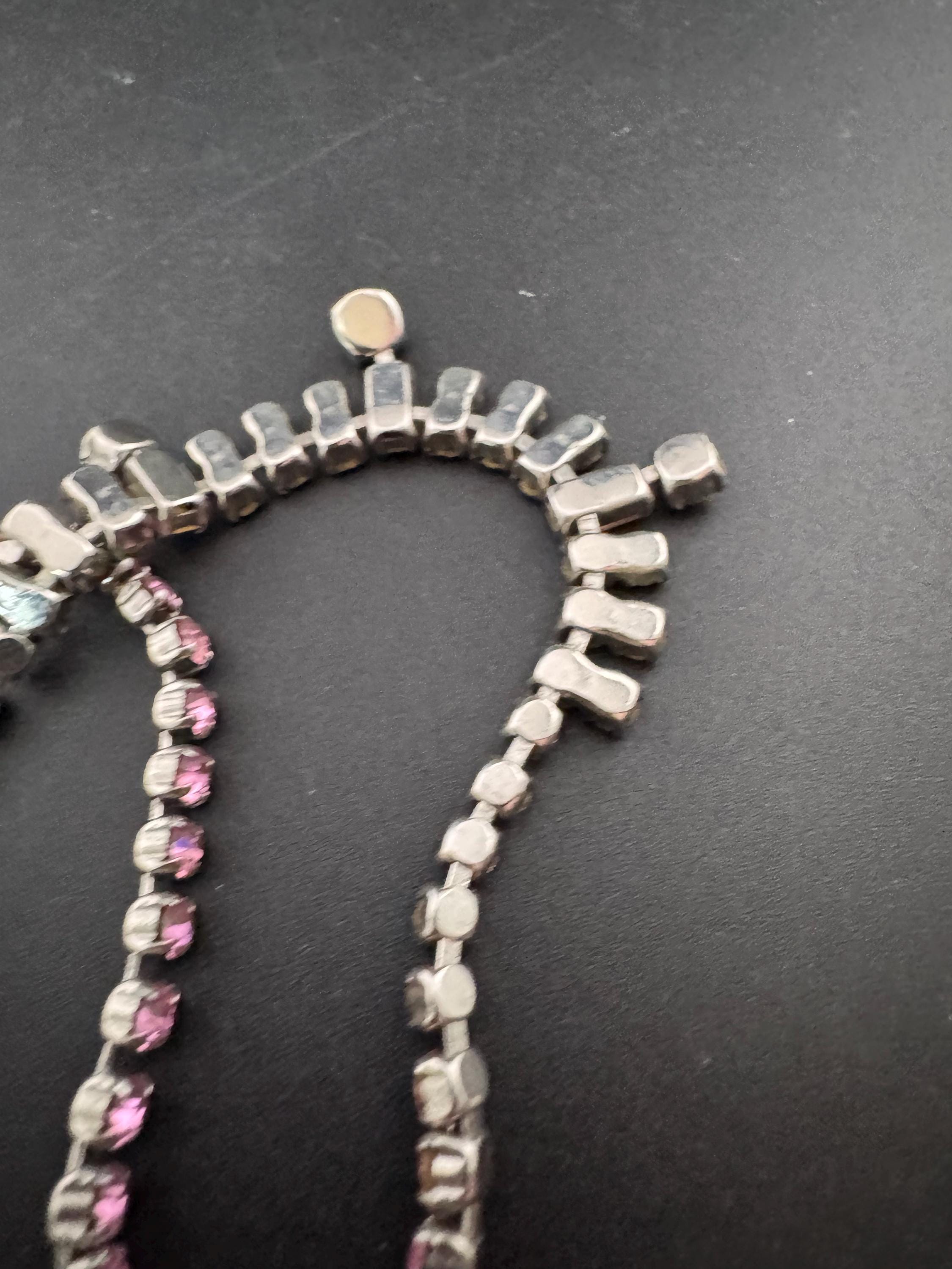 petite fit pink and red diamanté crystal drop necklace, baguette glass rhinestones, vintage