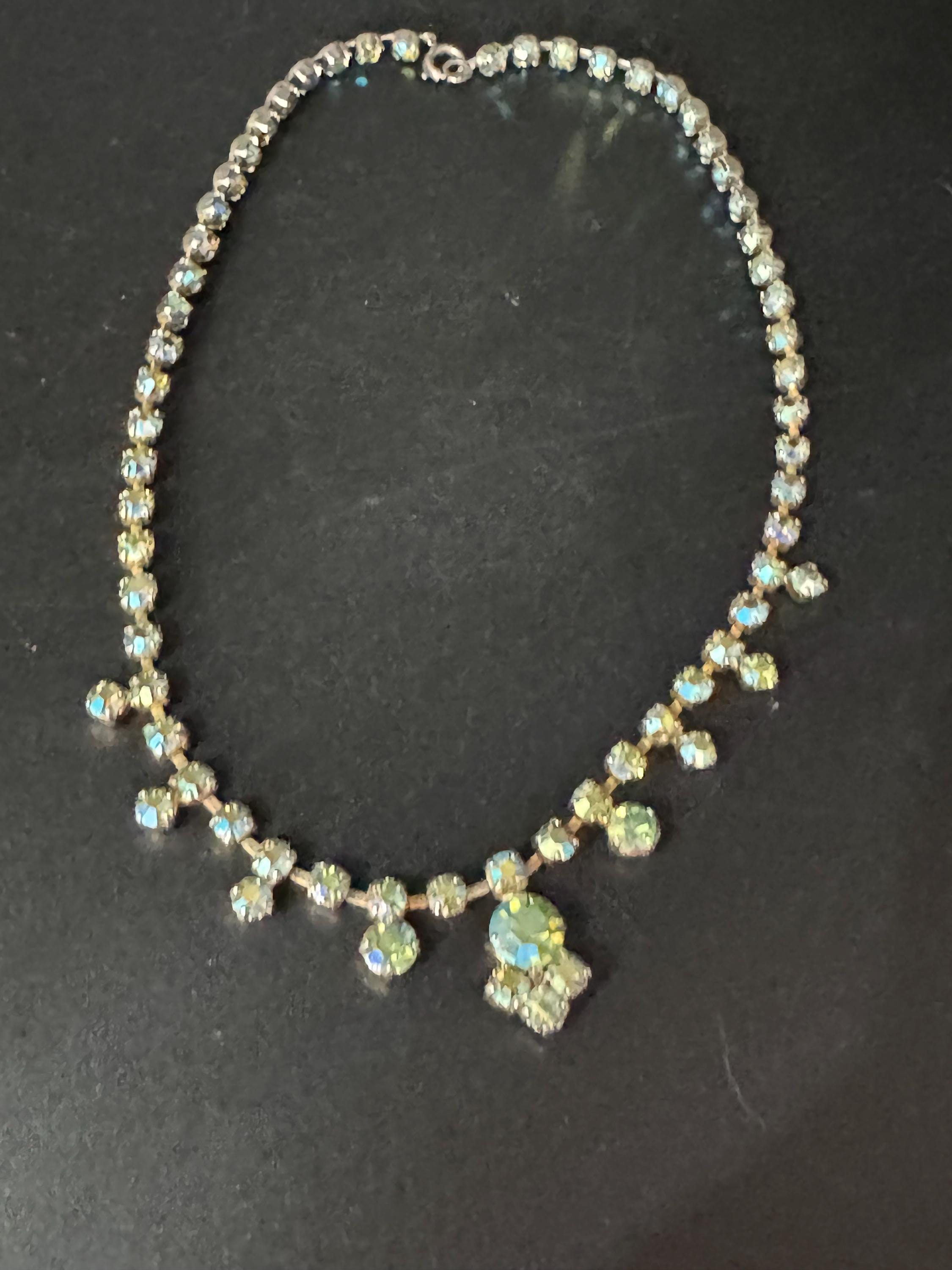 Uranium glass UV blue green diamanté crystal drop necklace, AB glass rhinestones, vintage