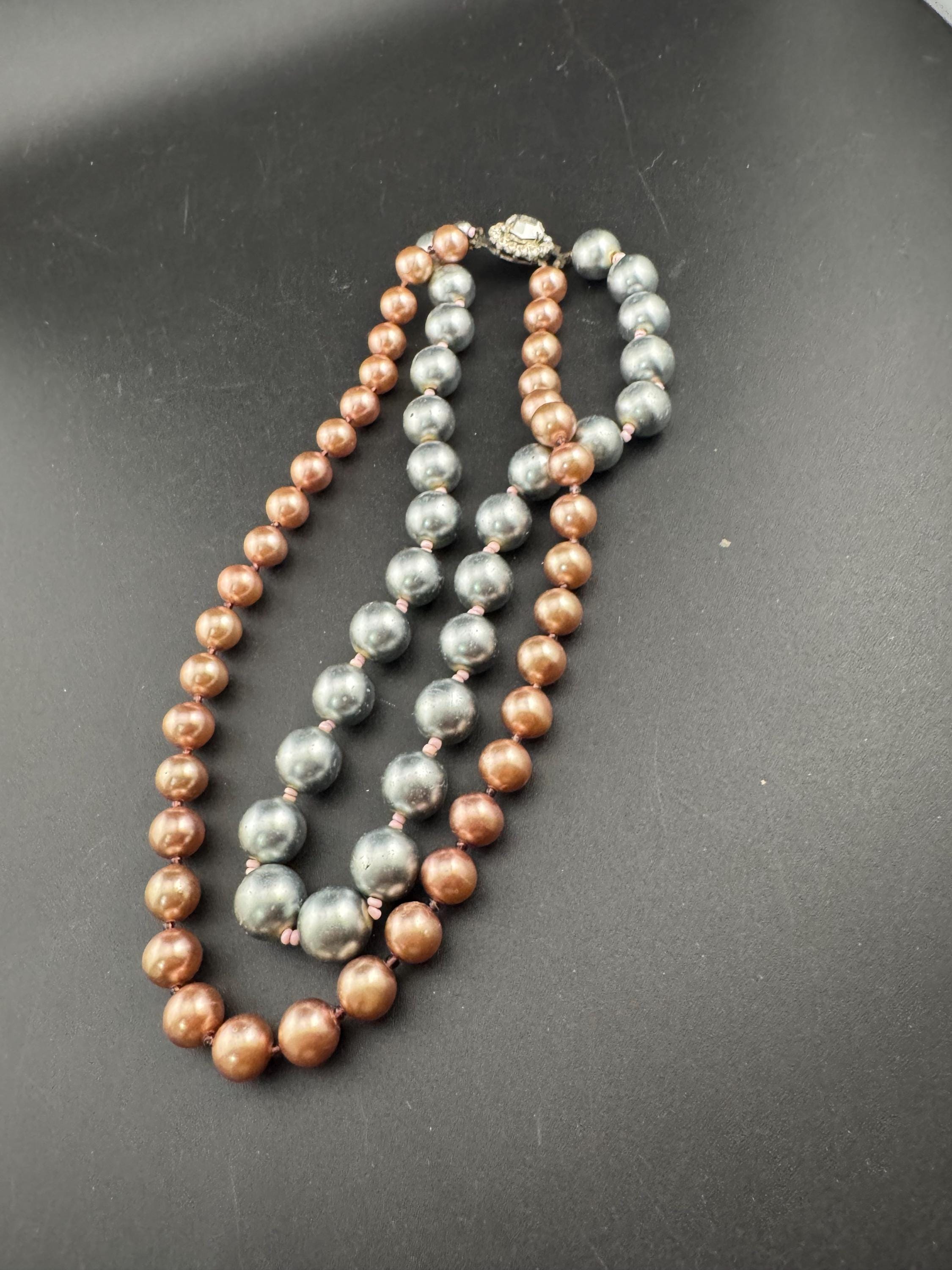 retro 2 string row steel grey and brown bronze large glass pearl wide choker necklace 44cm