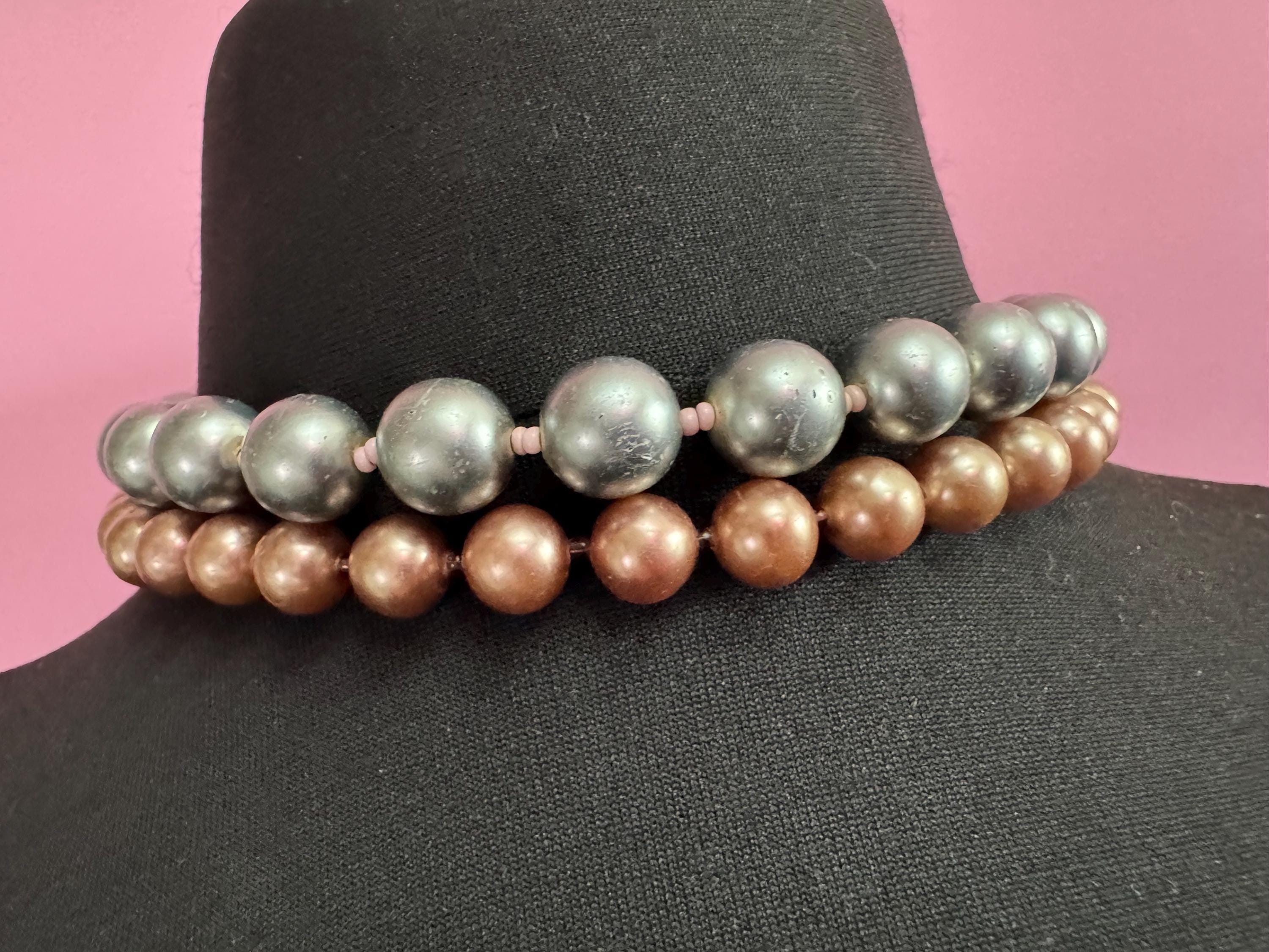 retro 2 string row steel grey and brown bronze large glass pearl wide choker necklace 44cm