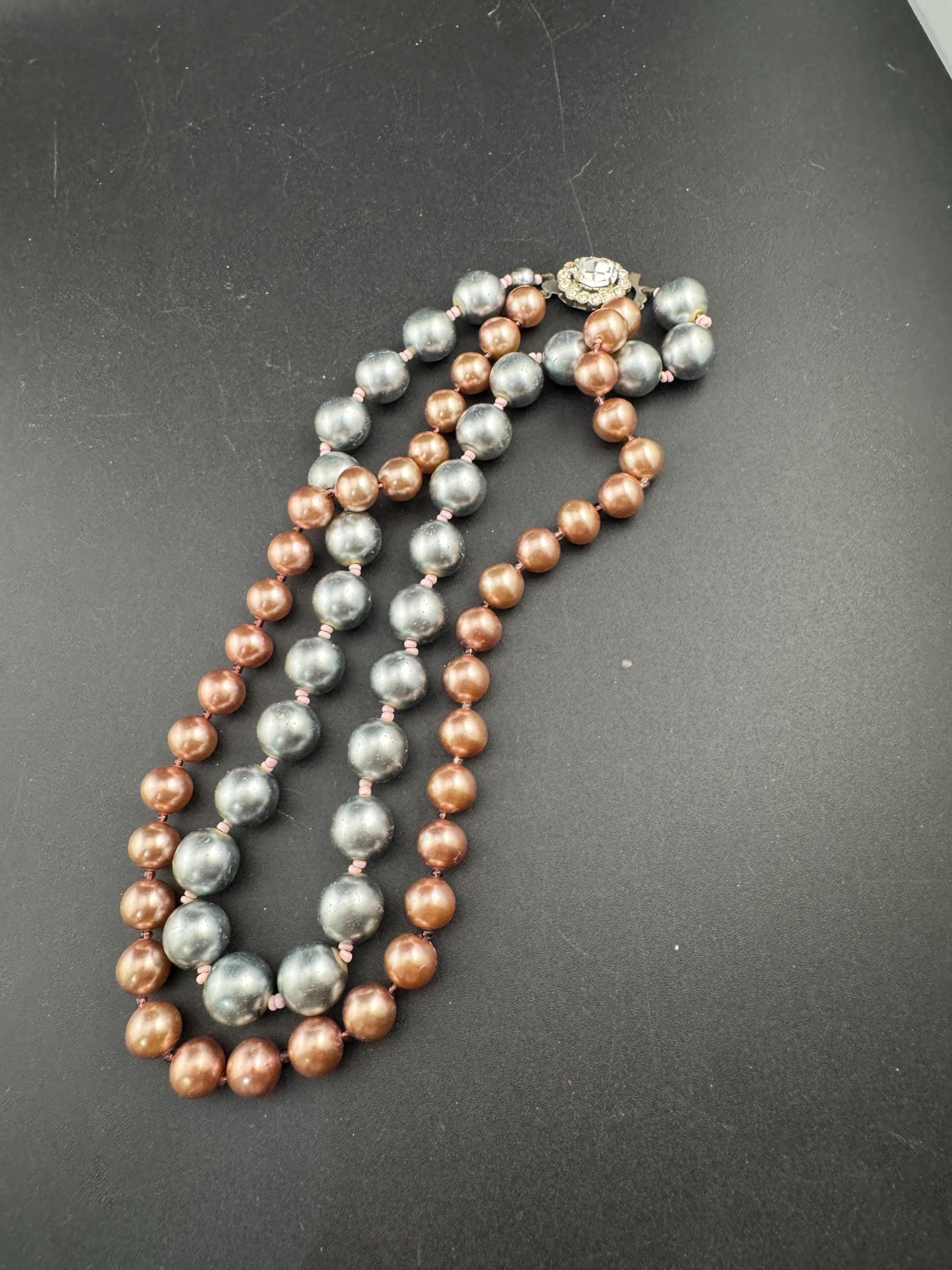 retro 2 string row steel grey and brown bronze large glass pearl wide choker necklace 44cm