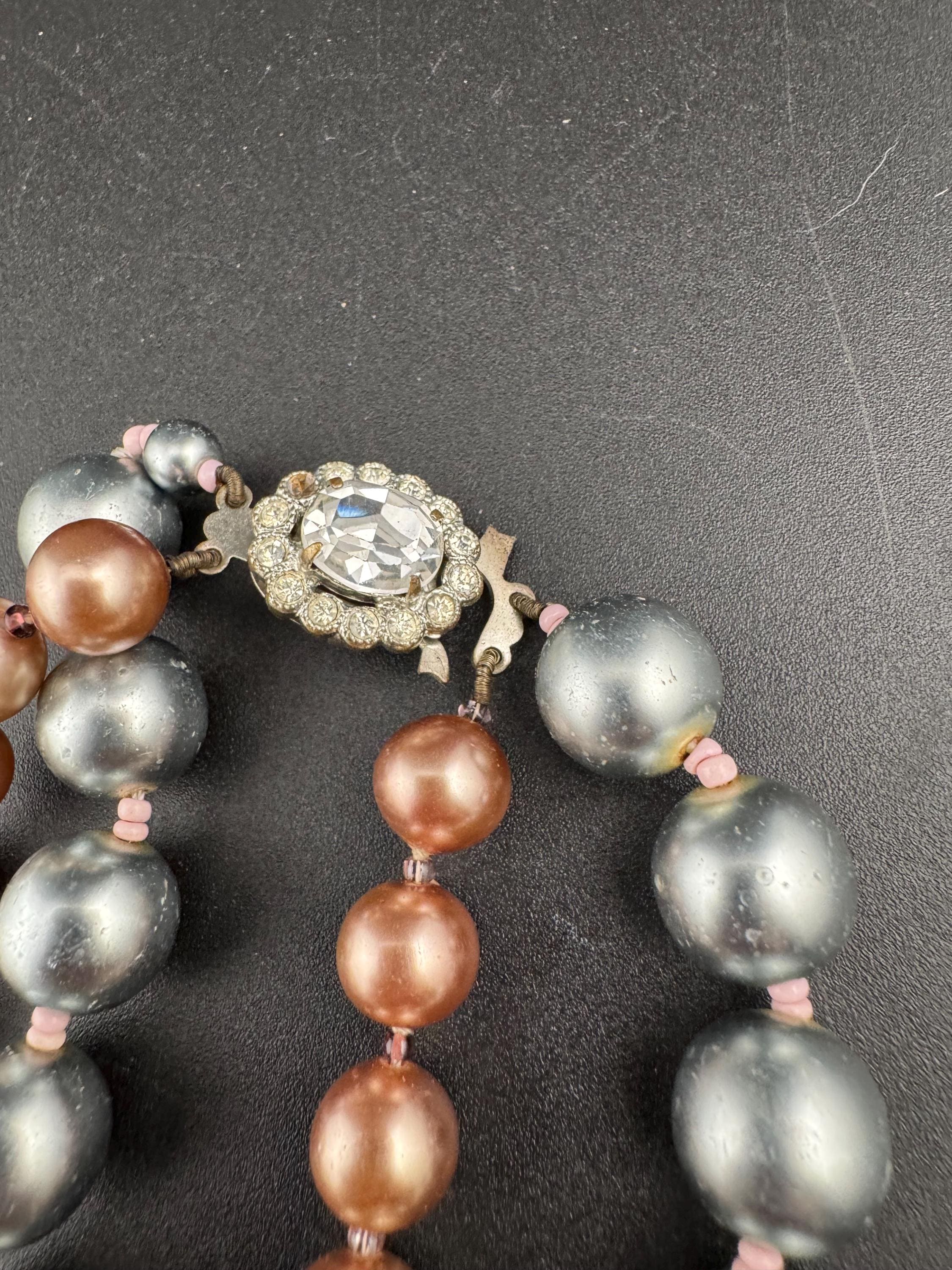 retro 2 string row steel grey and brown bronze large glass pearl wide choker necklace 44cm