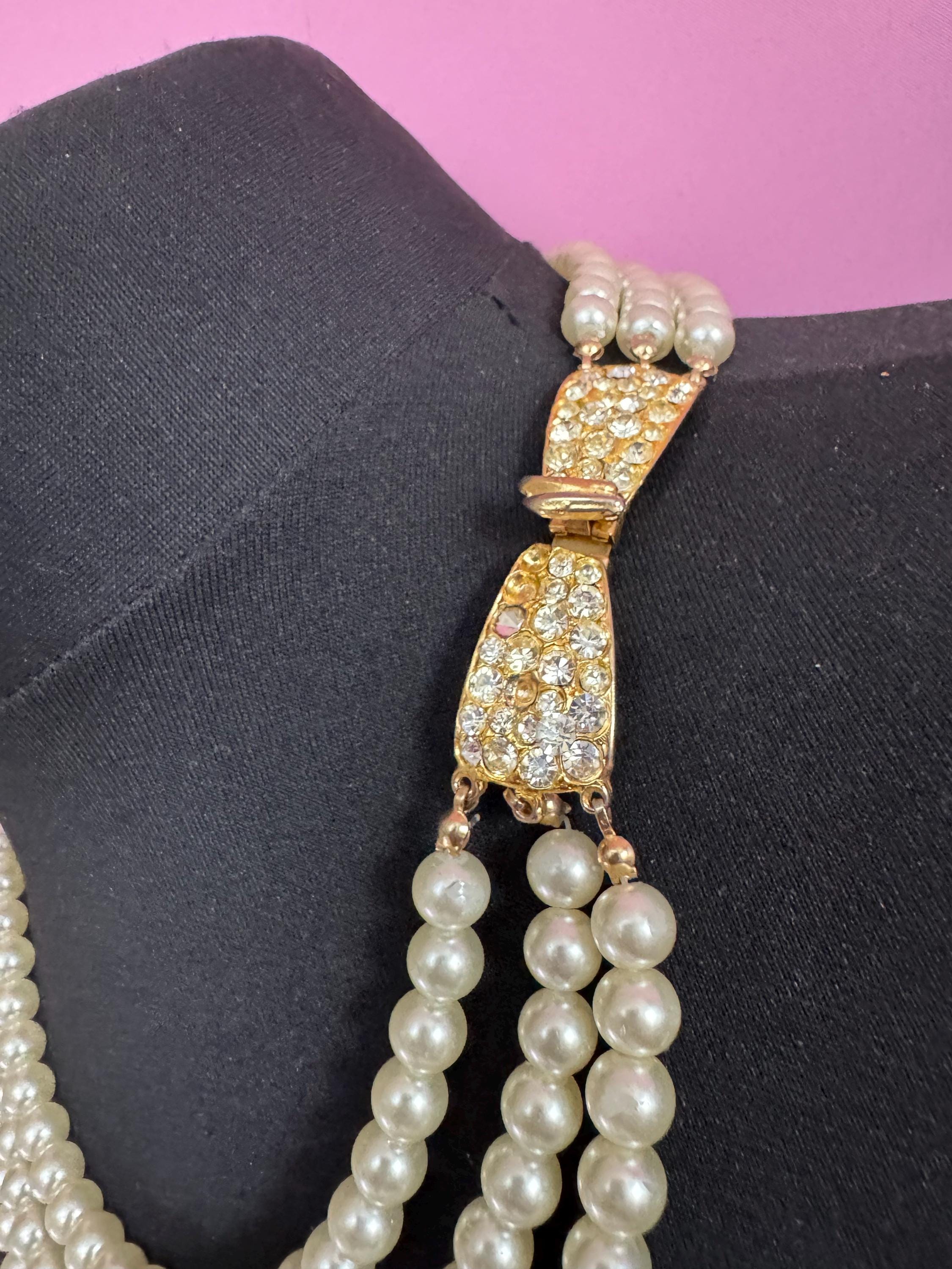 vintage pearl necklace choker triple 3 strand diamante bow clasp clear paste bling party evening wear