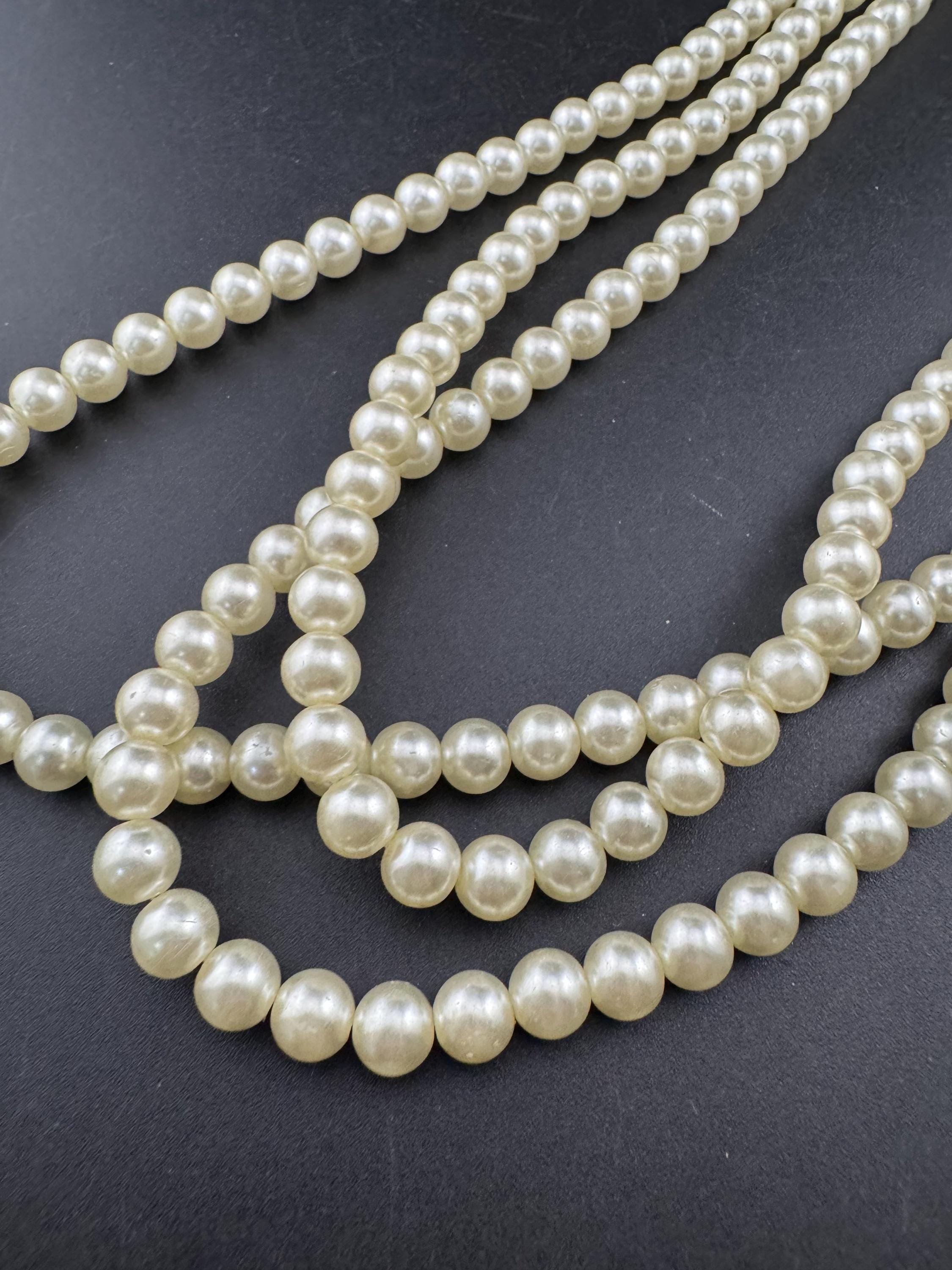 vintage pearl necklace choker triple 3 strand diamante bow clasp clear paste bling party evening wear