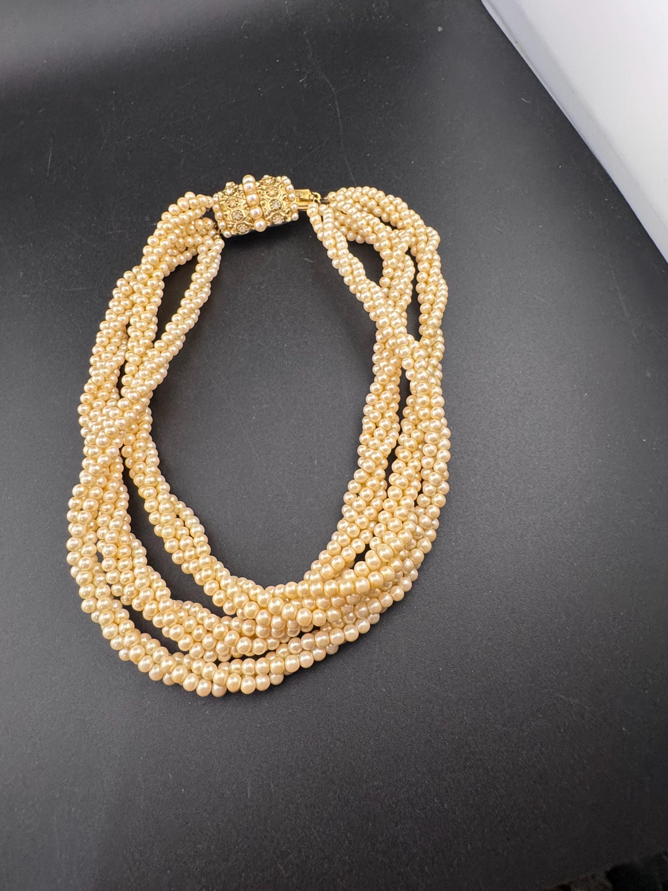 Vintage faux glass pearl multi strand 3 row collar twisted choker necklace art deco 1920s 1930s 1940s 1950s gatsby fabulous clasp