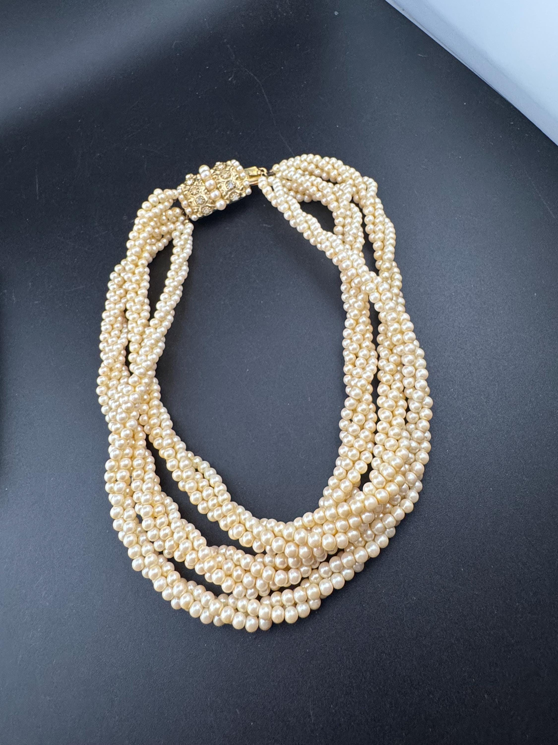 Vintage faux glass pearl multi strand 3 row collar twisted choker necklace art deco 1920s 1930s 1940s 1950s gatsby fabulous clasp