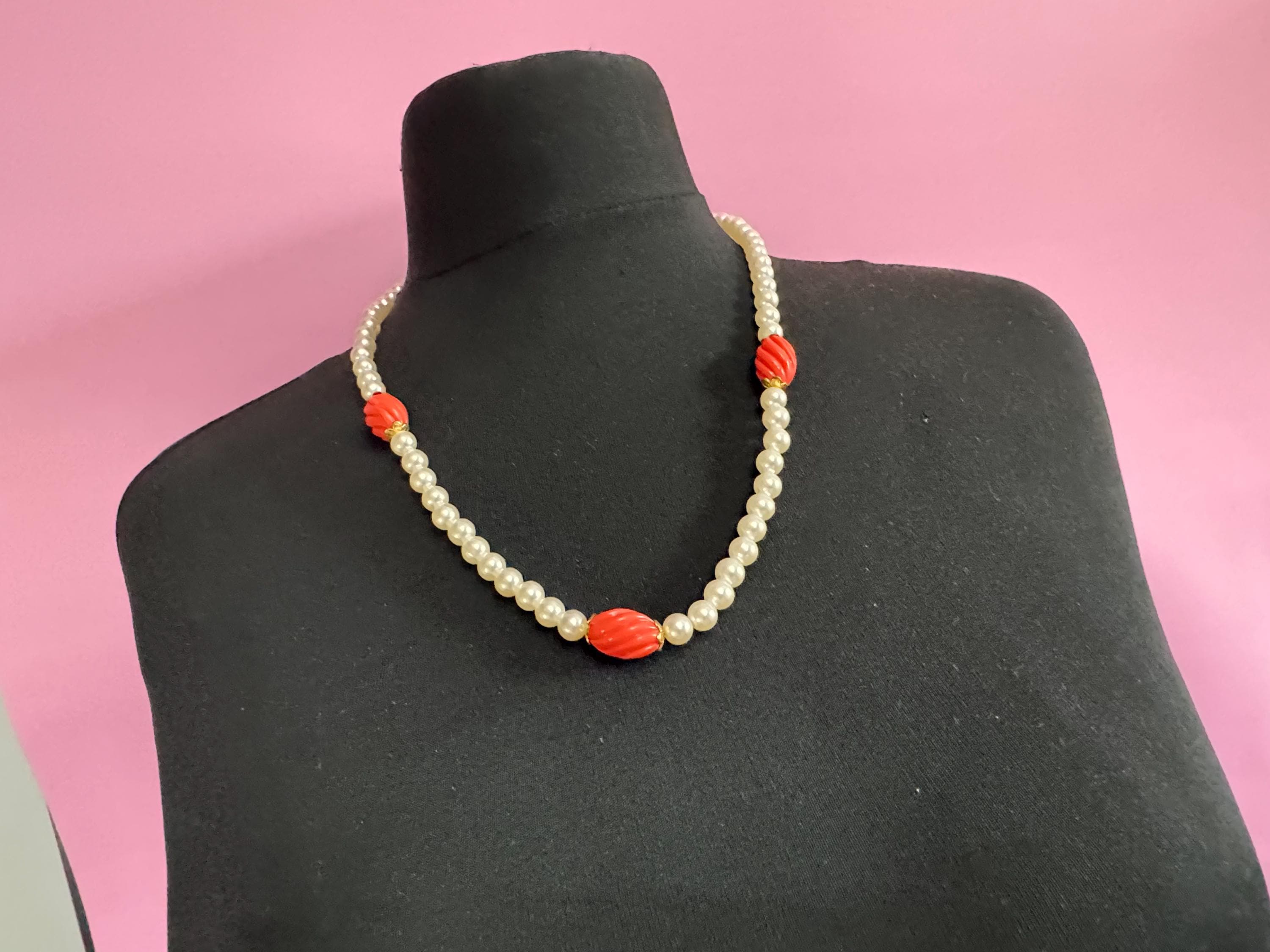 Vintage faux plastic coral, faux pearl long beaded necklace, lightweight 61cm 80s