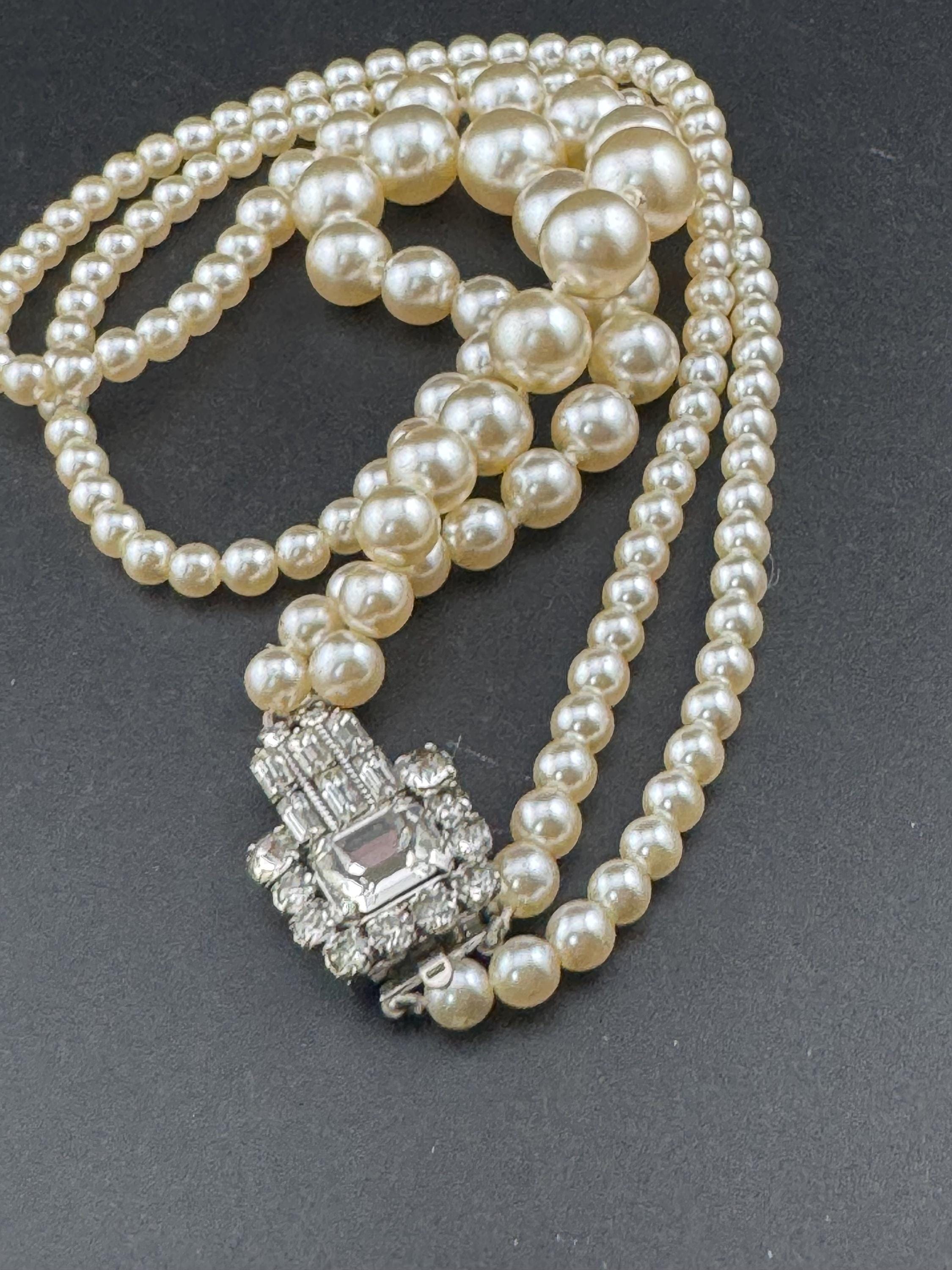 vintage pearl necklace, 2 strand with ornate large diamante side clasp clear rhinestones, bling party evening wear