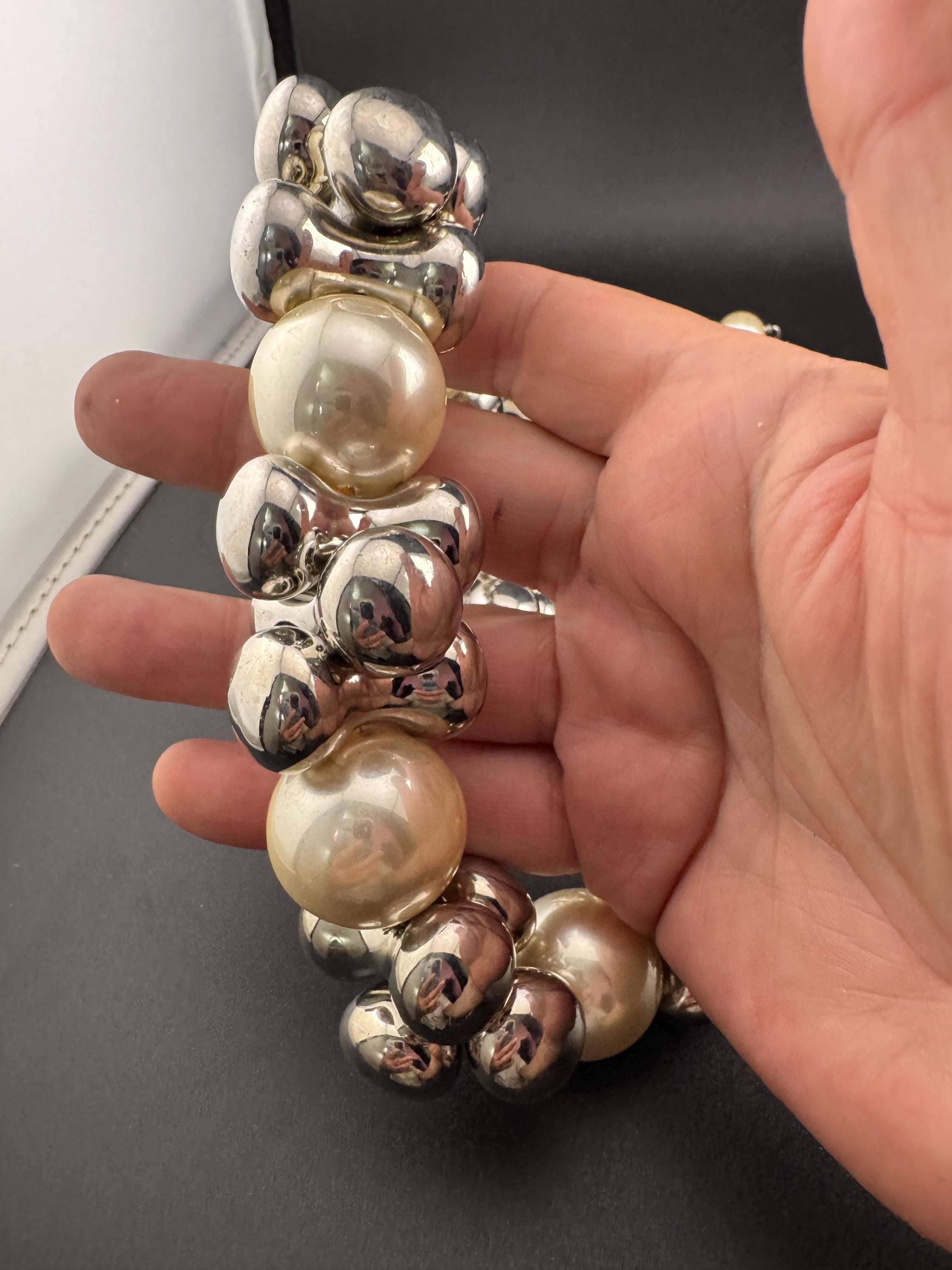 Signed Emporia Vintage chunky grey plastic beaded white faux pearl necklace with matching stretch bracelet