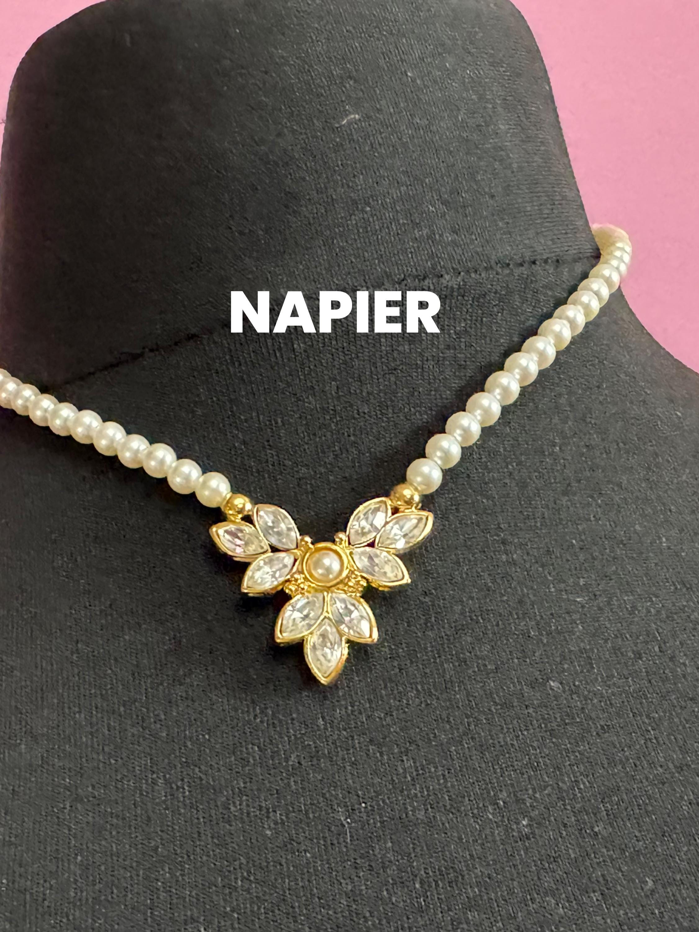 Signed Napier 1980s Vintage cream glass pearl rhinestone drop necklace gold tone 42cm