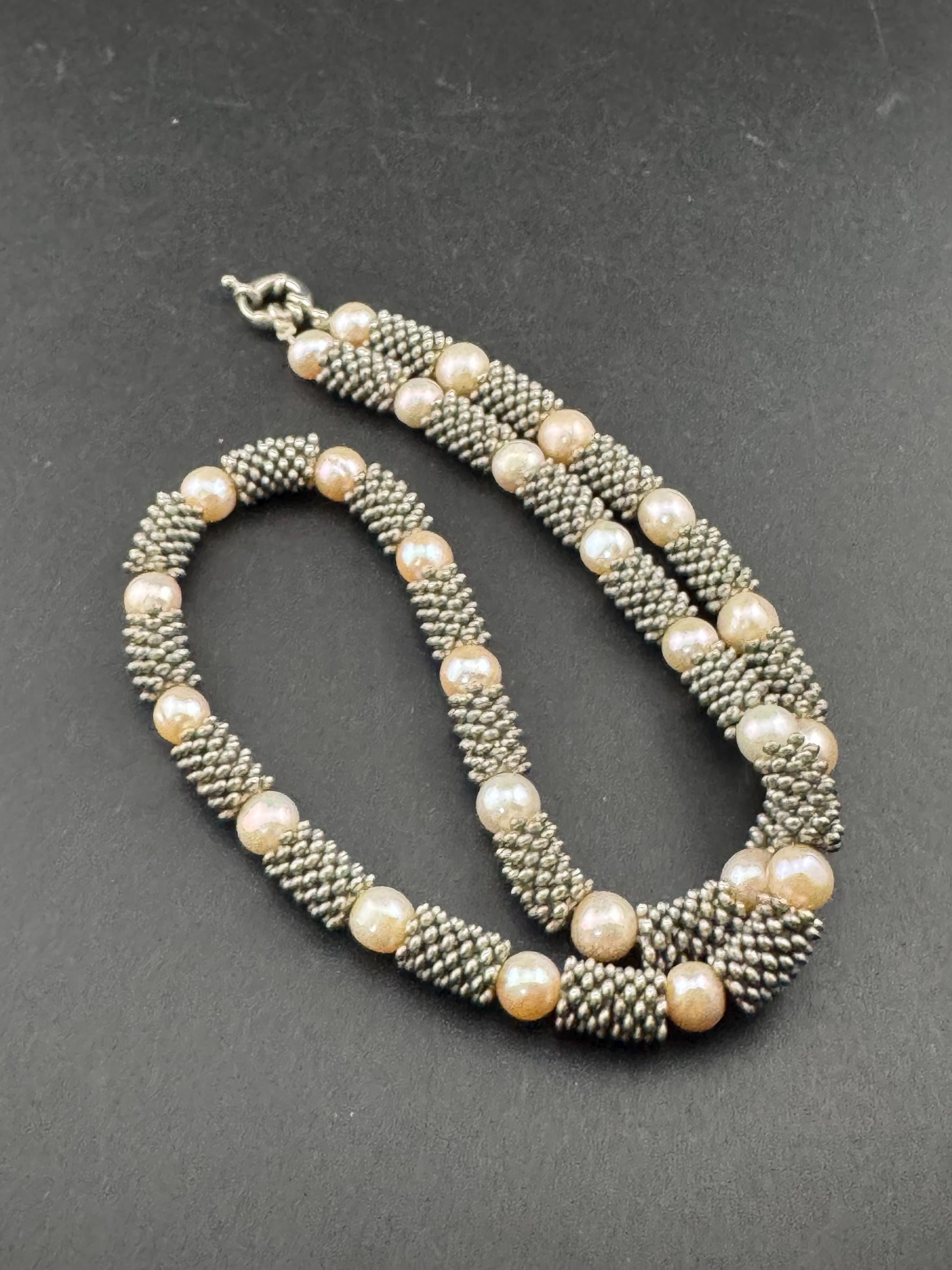 vintage freshwater pearl necklace modernist silver tone beads 52cm 8mm beads, senorita white metal clasp