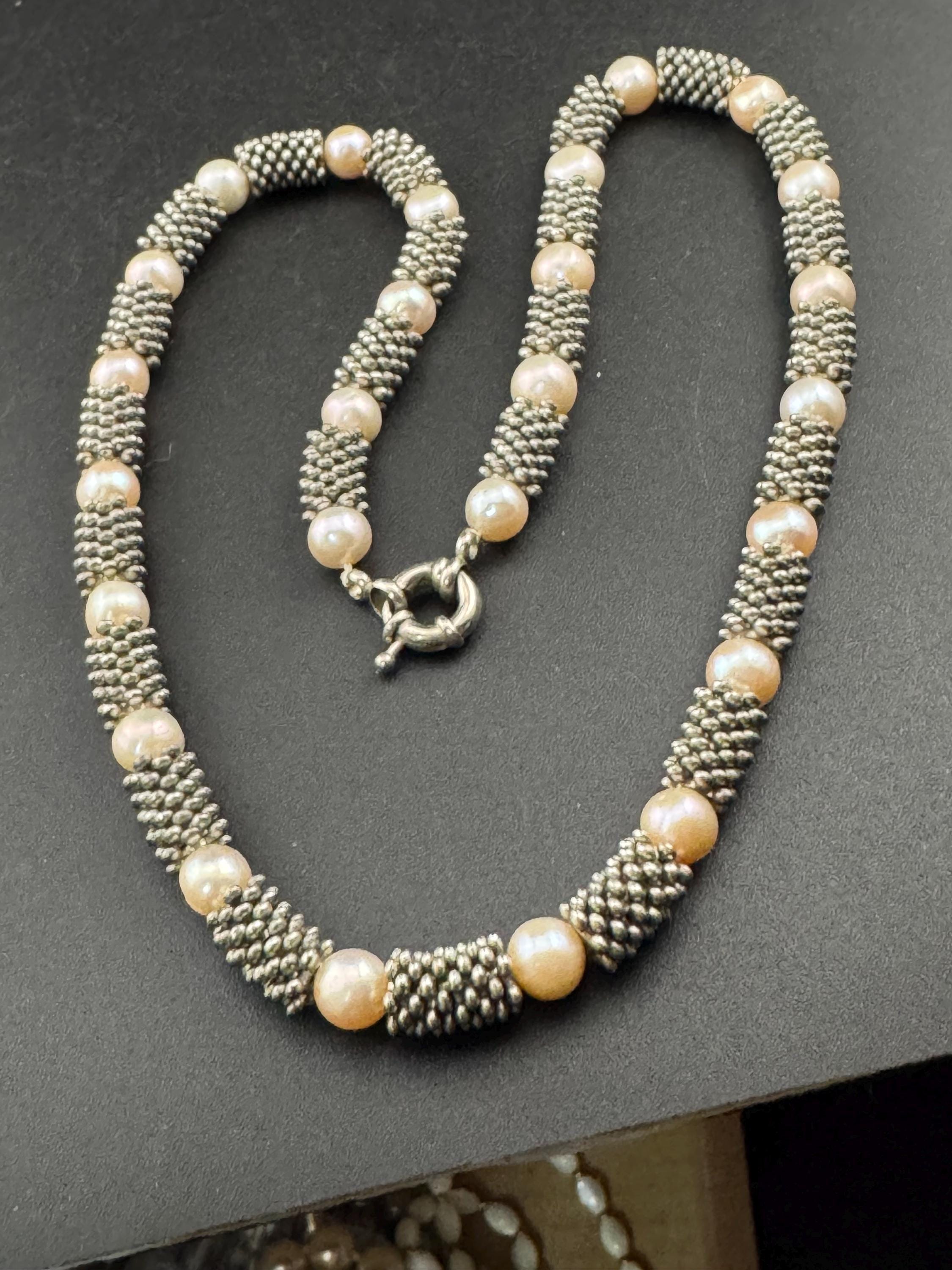 vintage freshwater pearl necklace modernist silver tone beads 52cm 8mm beads, senorita white metal clasp