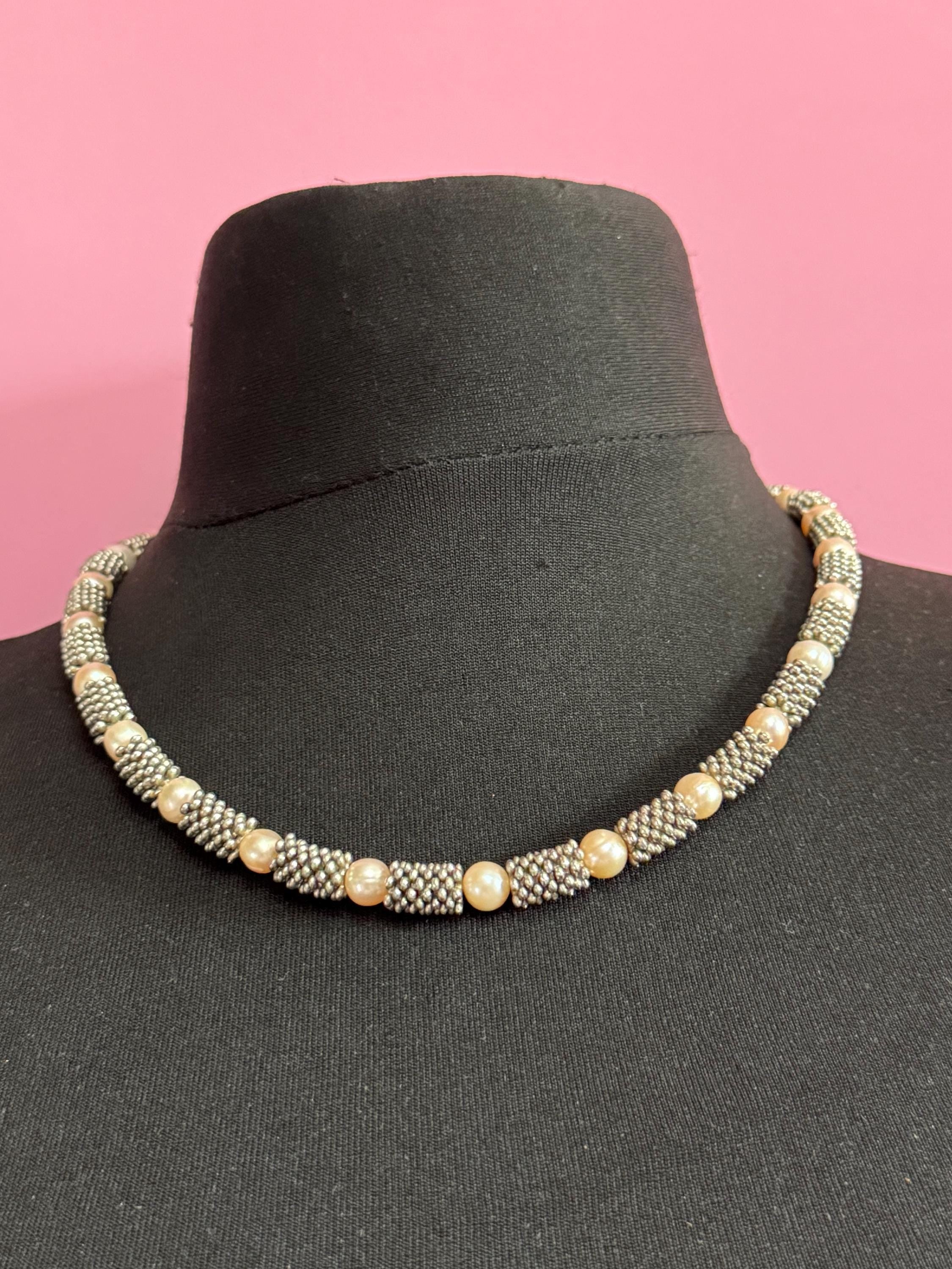 vintage freshwater pearl necklace modernist silver tone beads 52cm 8mm beads, senorita white metal clasp