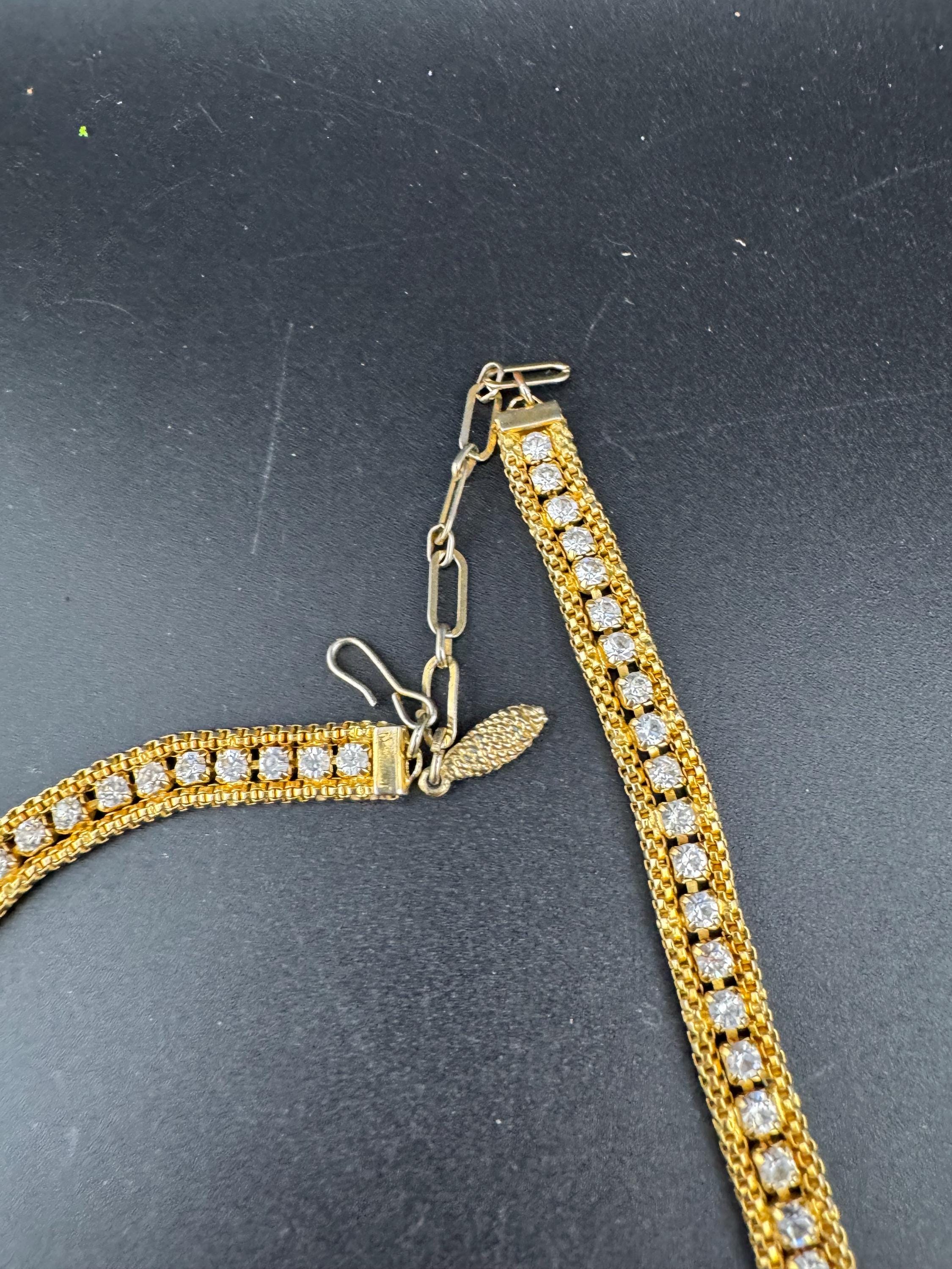 Vintage penino gold tone mesh & Clear paste diamanté waterfall lariat necklace