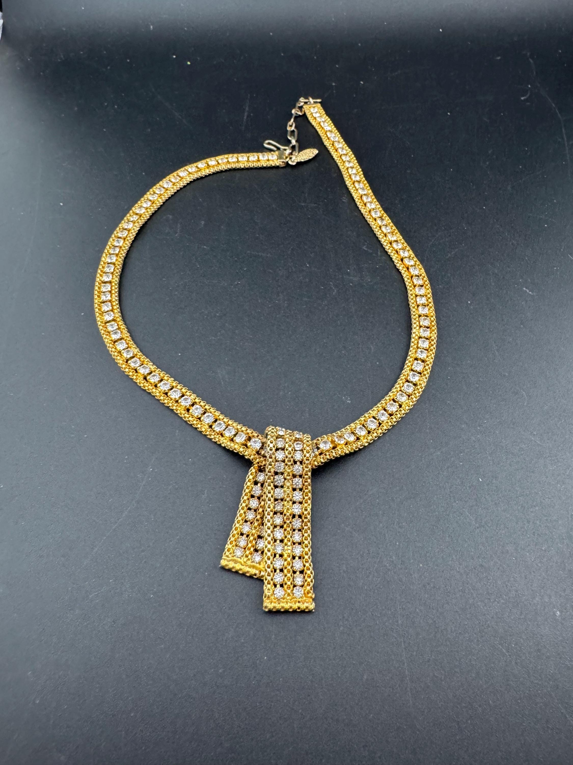 Vintage penino gold tone mesh & Clear paste diamanté waterfall lariat necklace