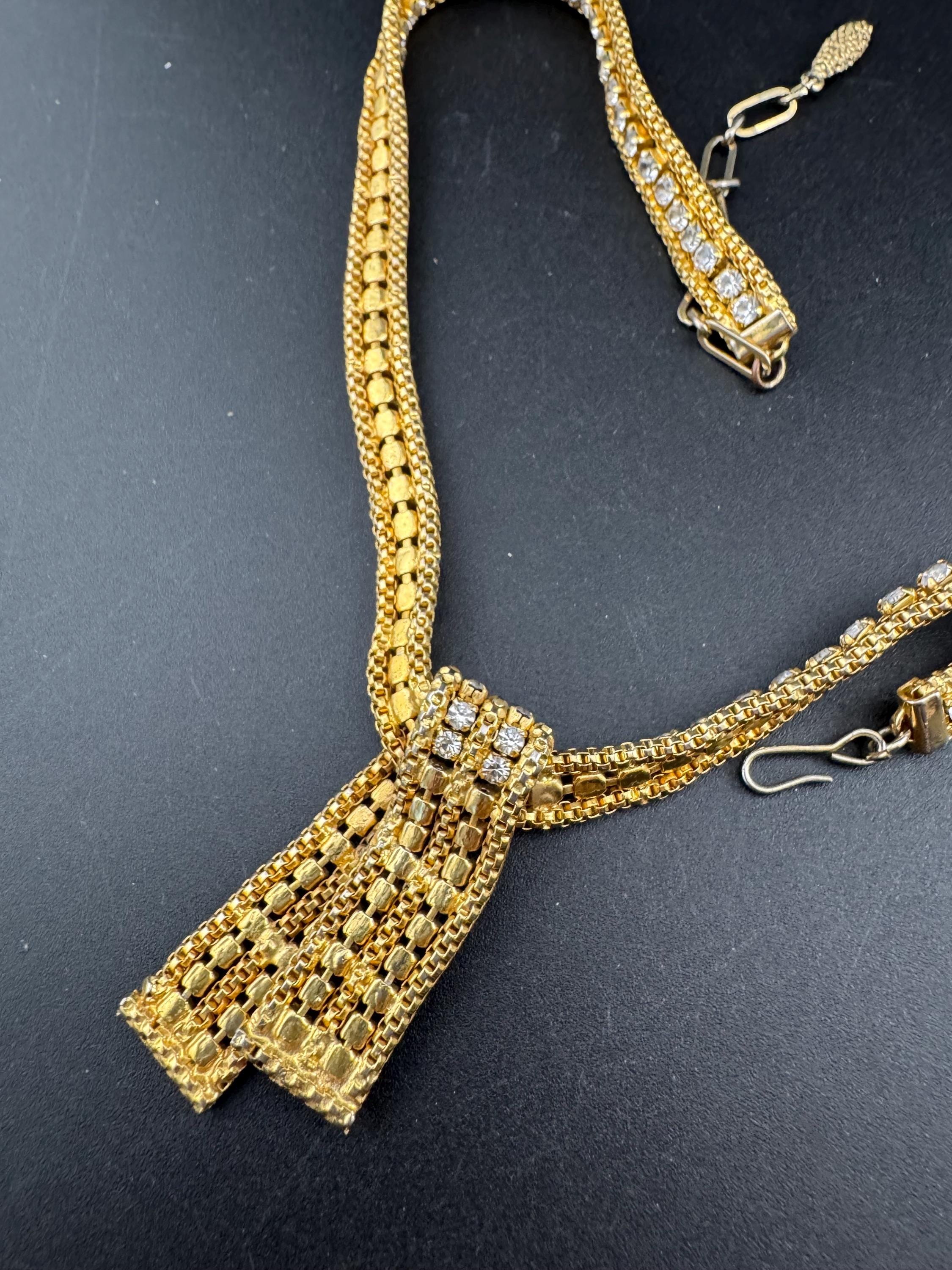 Vintage penino gold tone mesh & Clear paste diamanté waterfall lariat necklace