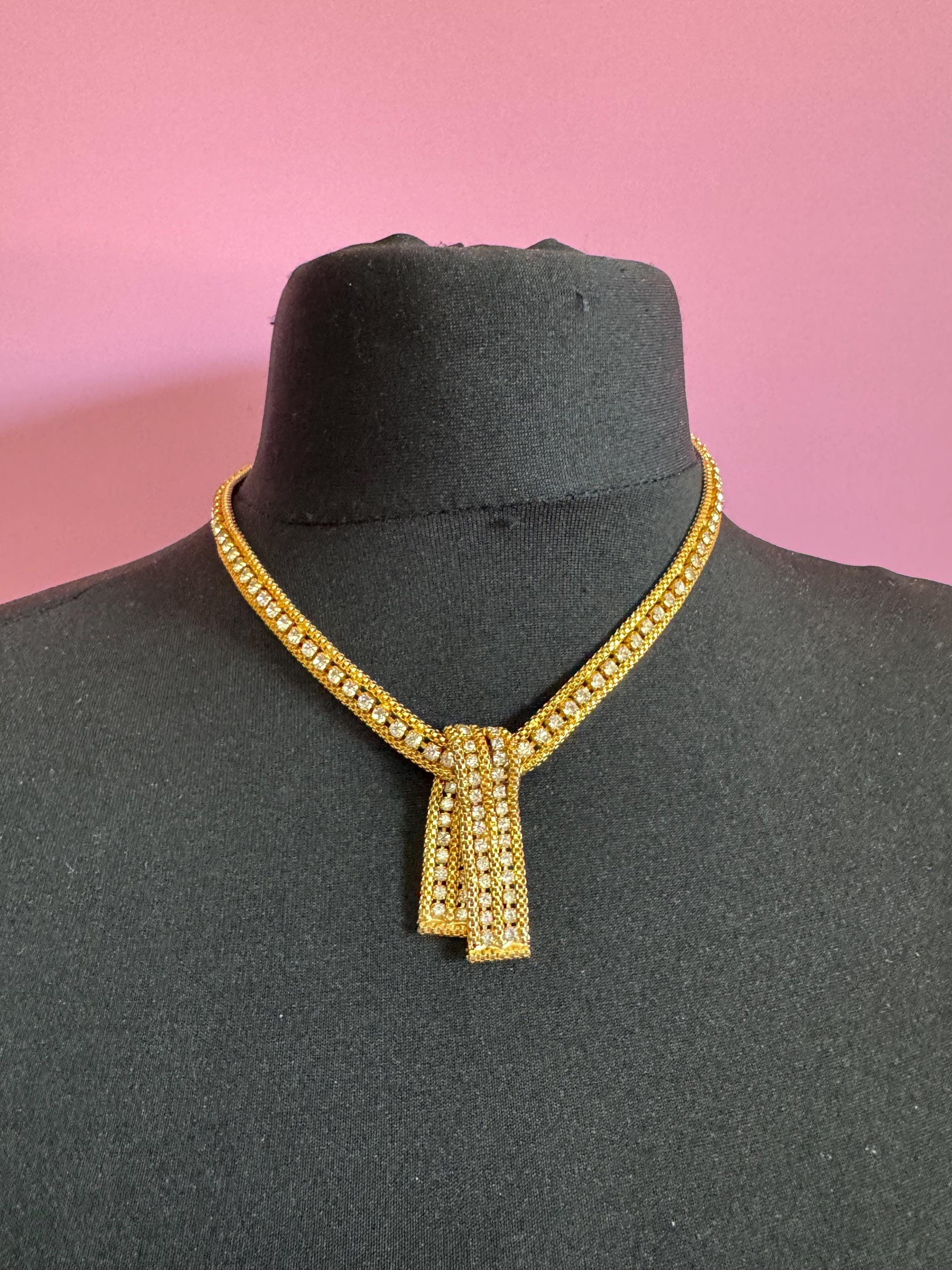 Vintage penino gold tone mesh & Clear paste diamanté waterfall lariat necklace