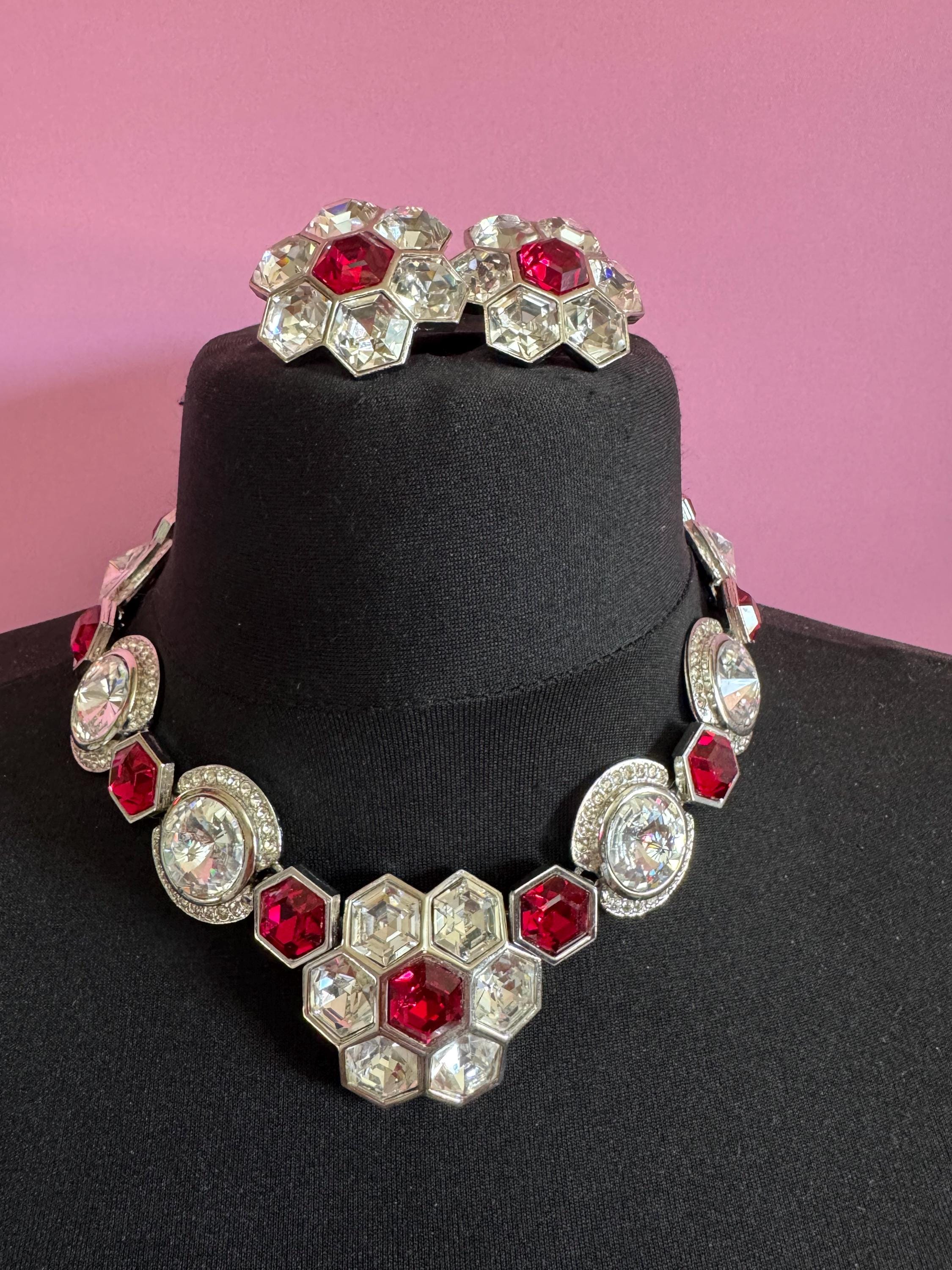 vintage silver tone octagonal ruby red Swarovski crystal rhinestone cocktail necklace and matching clip on earrings jewellery set
