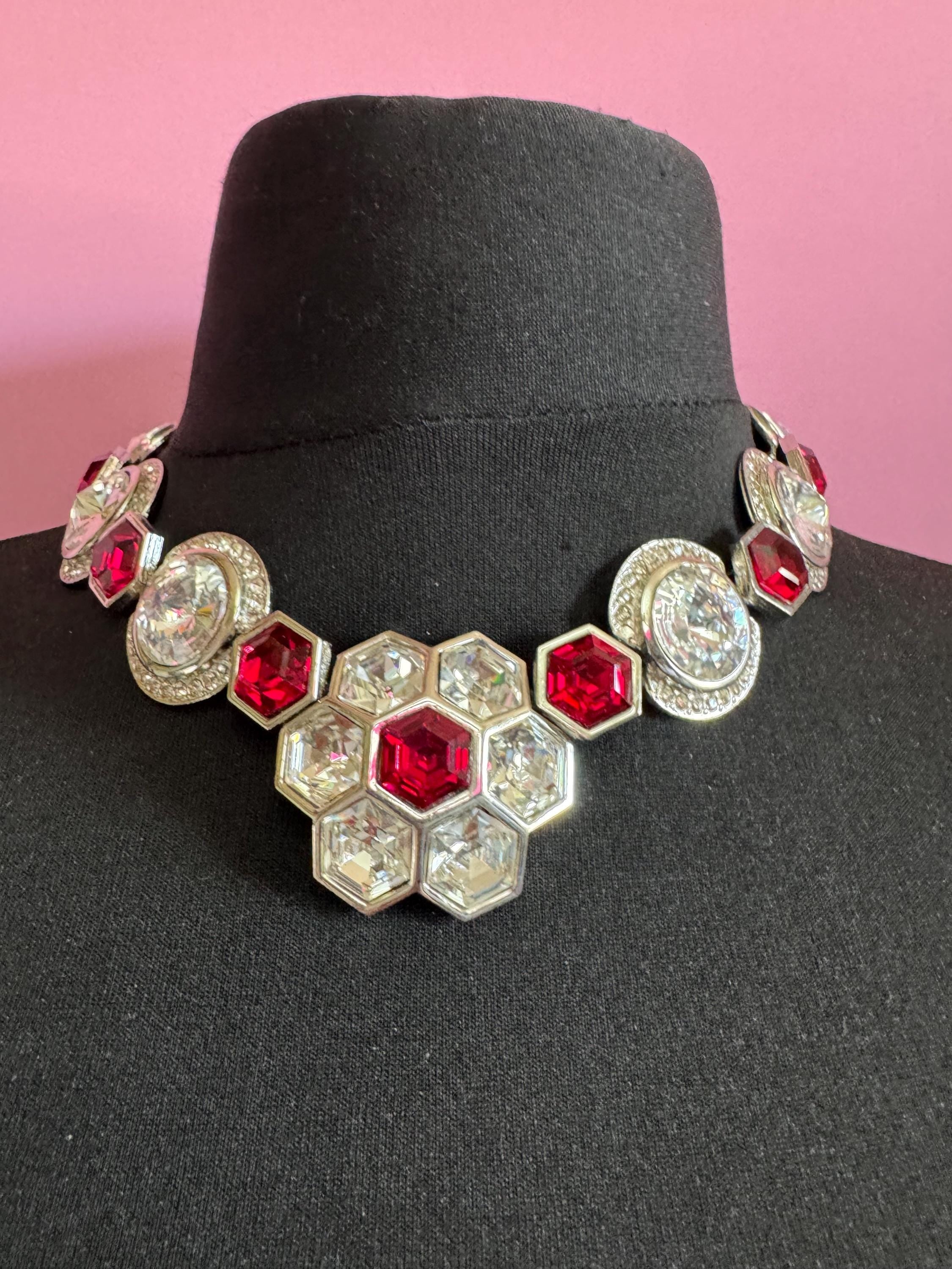 vintage silver tone octagonal ruby red Swarovski crystal rhinestone cocktail necklace and matching clip on earrings jewellery set
