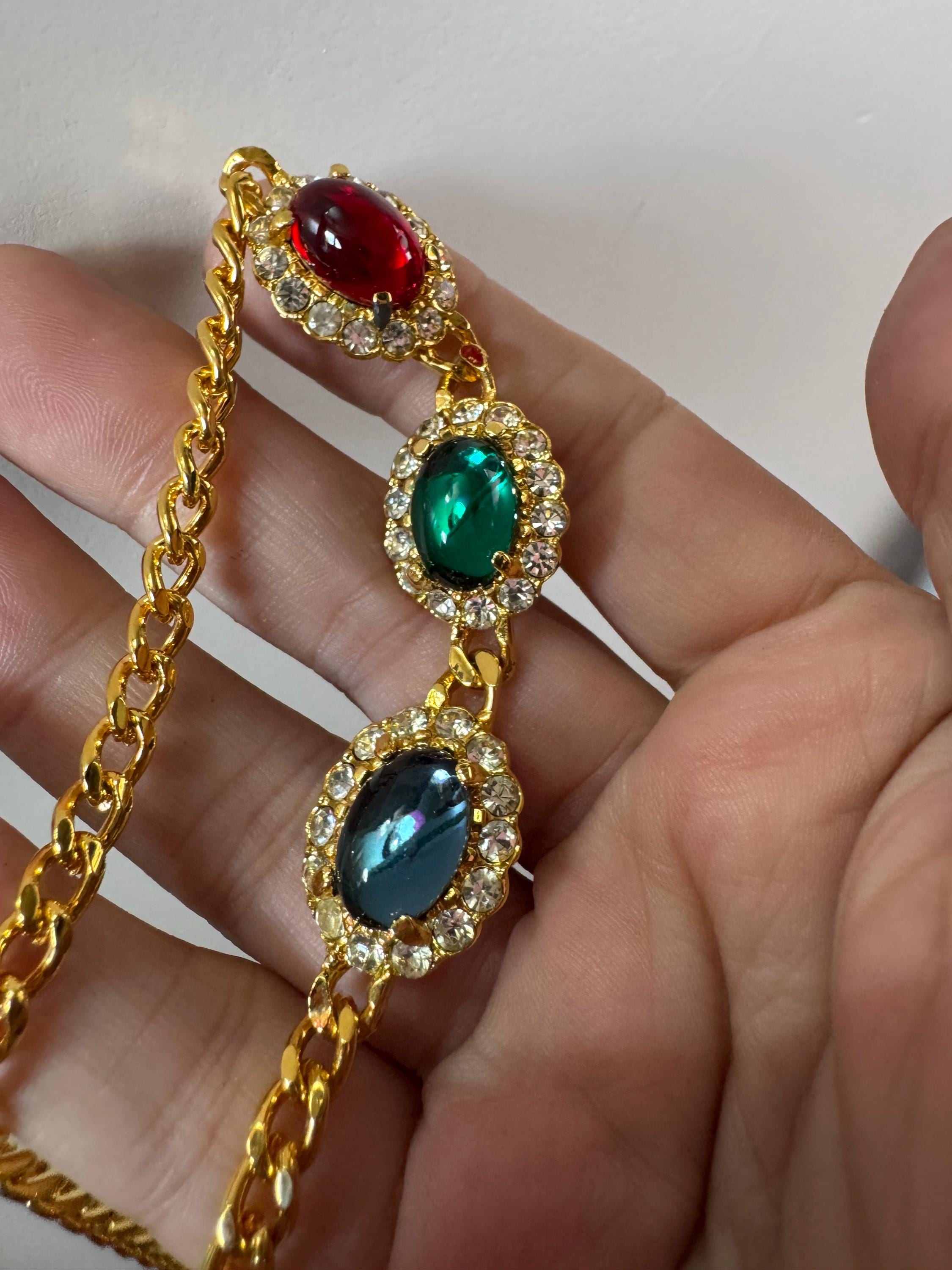 41.5cm Vintage 1980s Swarovski Red blue green Oval cabochon and clear diamanté choker necklace gold tone