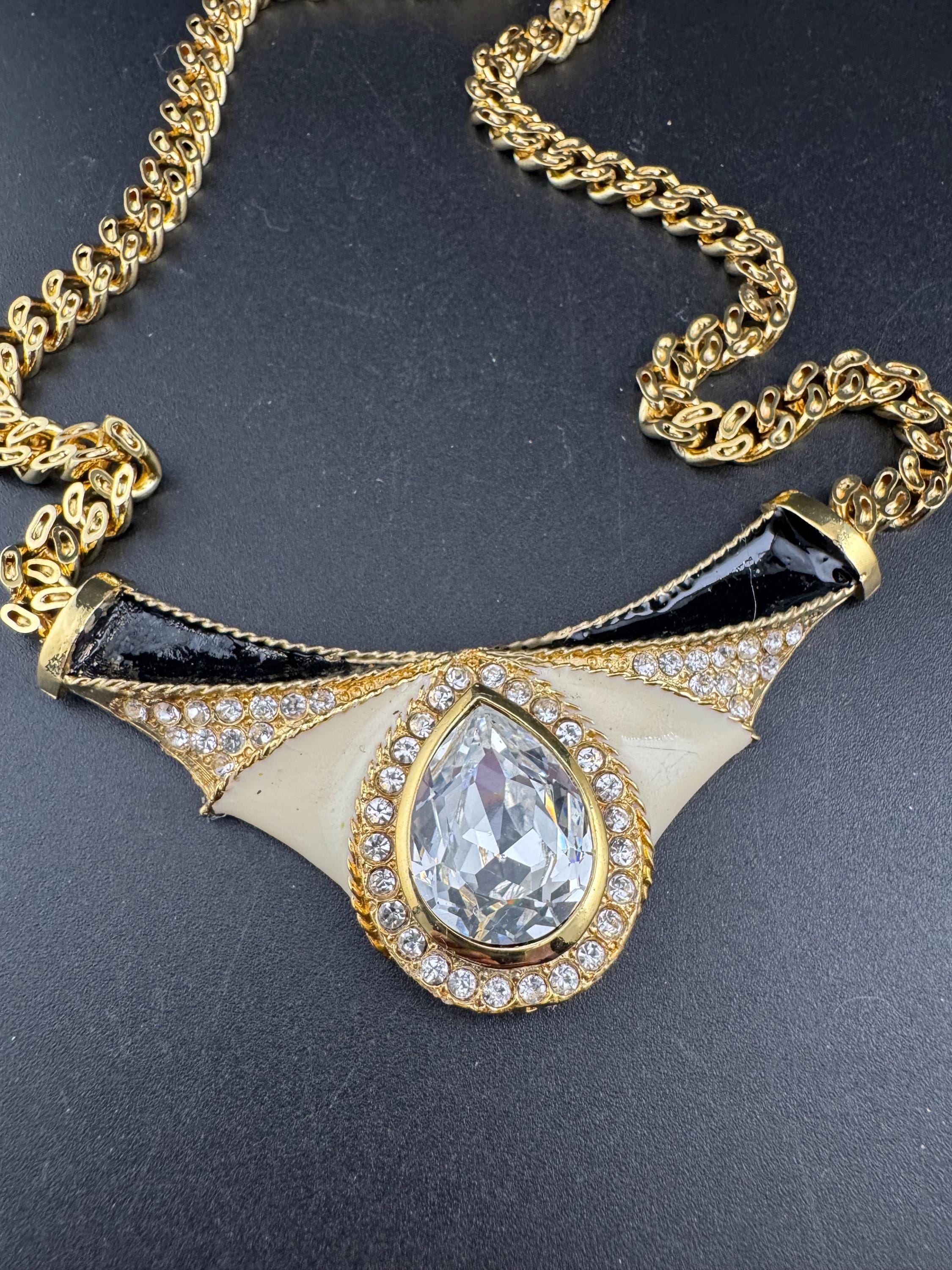 vintage 1980s gold plated diamanté black and cream enamel statement gold chain choker necklace