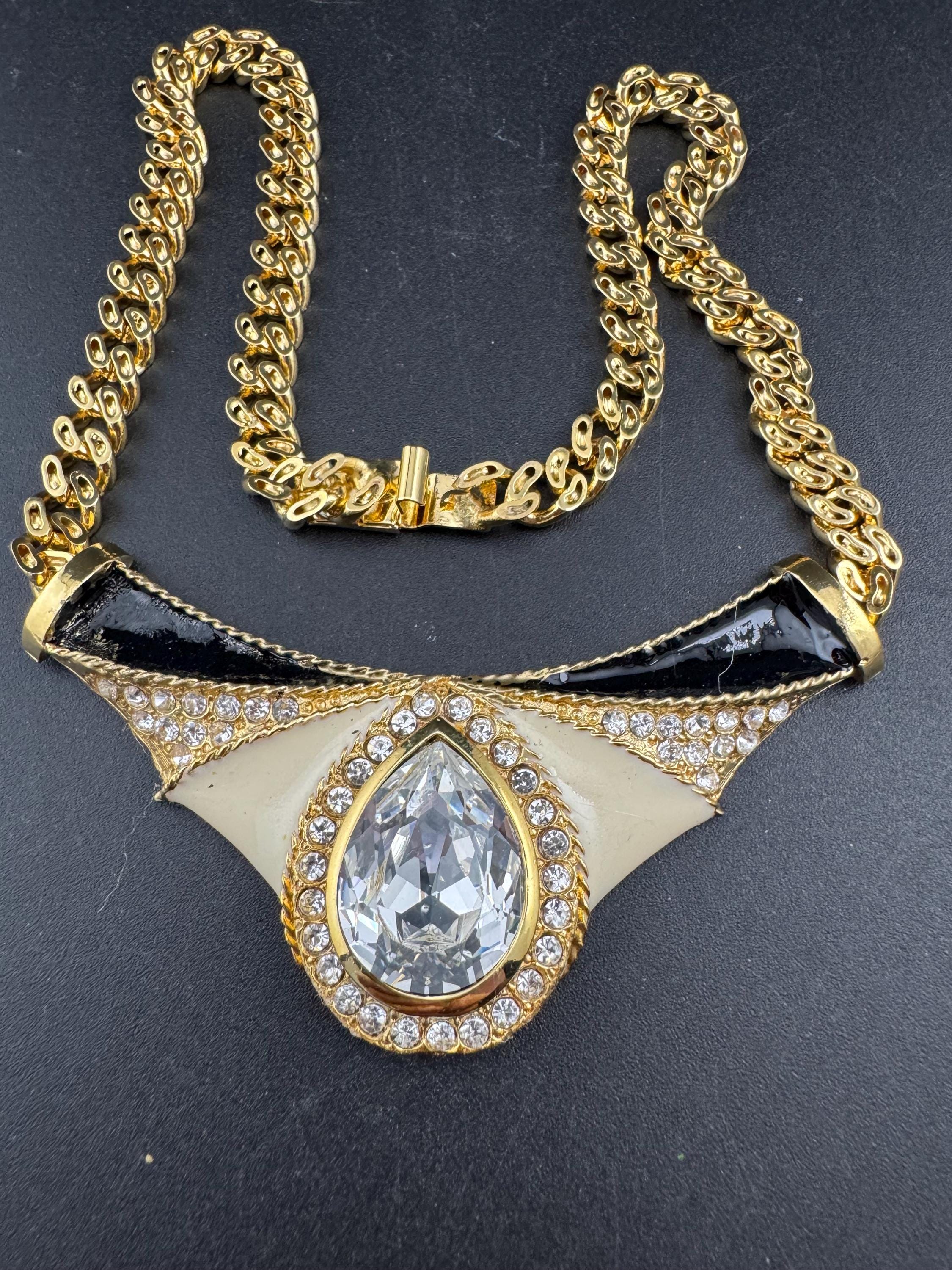 vintage 1980s gold plated diamanté black and cream enamel statement gold chain choker necklace