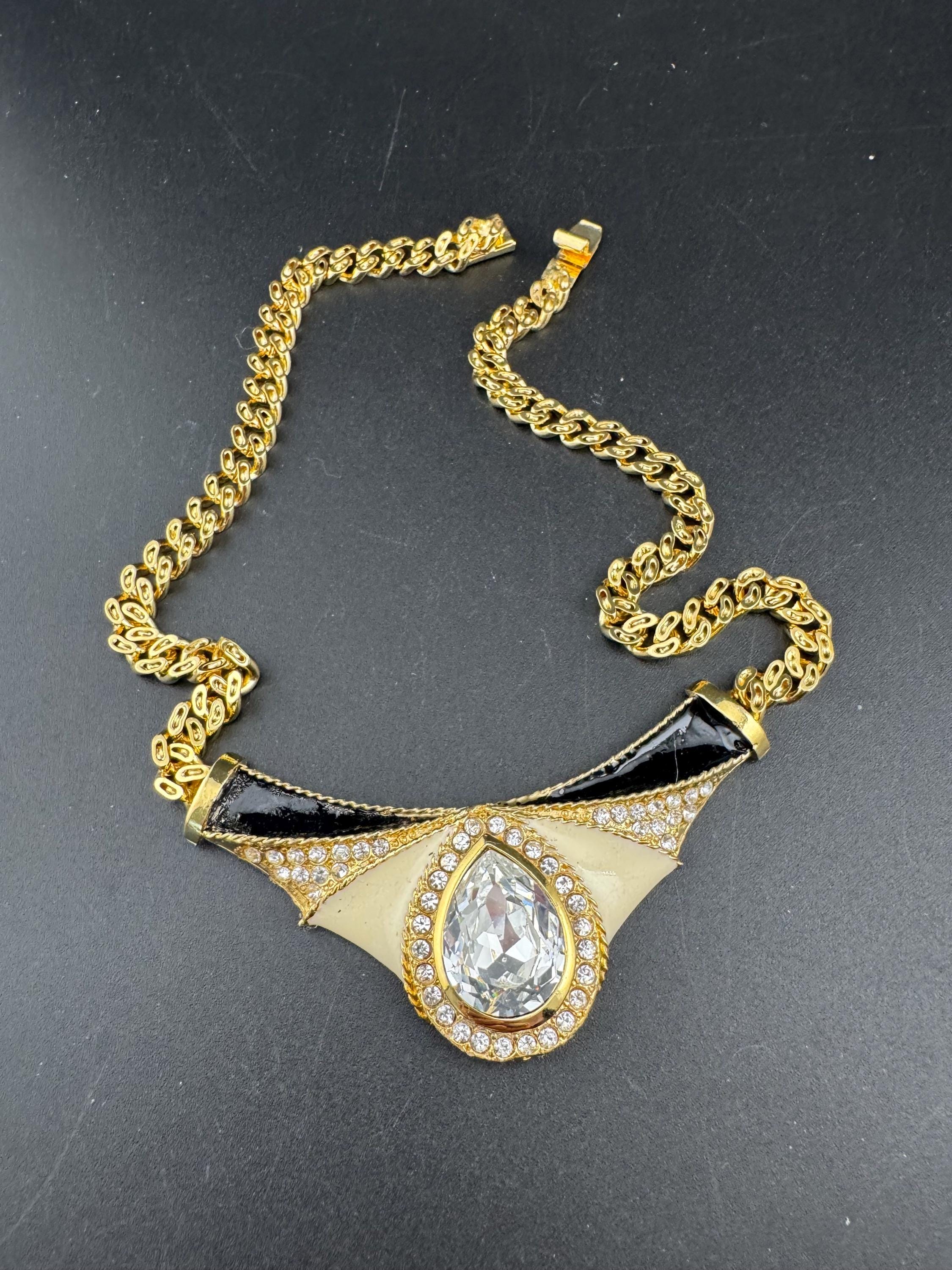 vintage 1980s gold plated diamanté black and cream enamel statement gold chain choker necklace