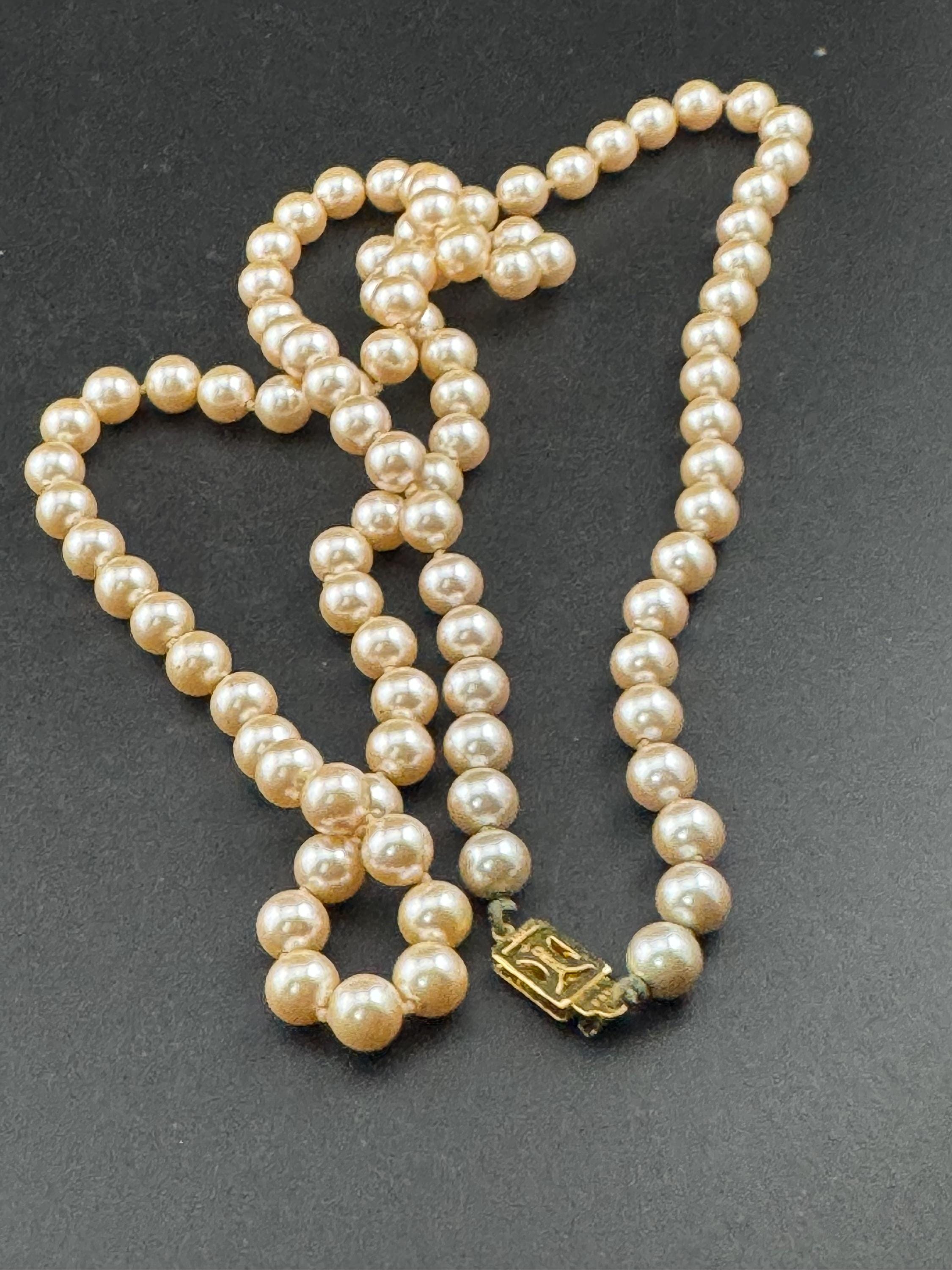 MONET signed Oyster cream knotted glass pearl necklace Vintage 92cm single strand row of pearls, gold tone
