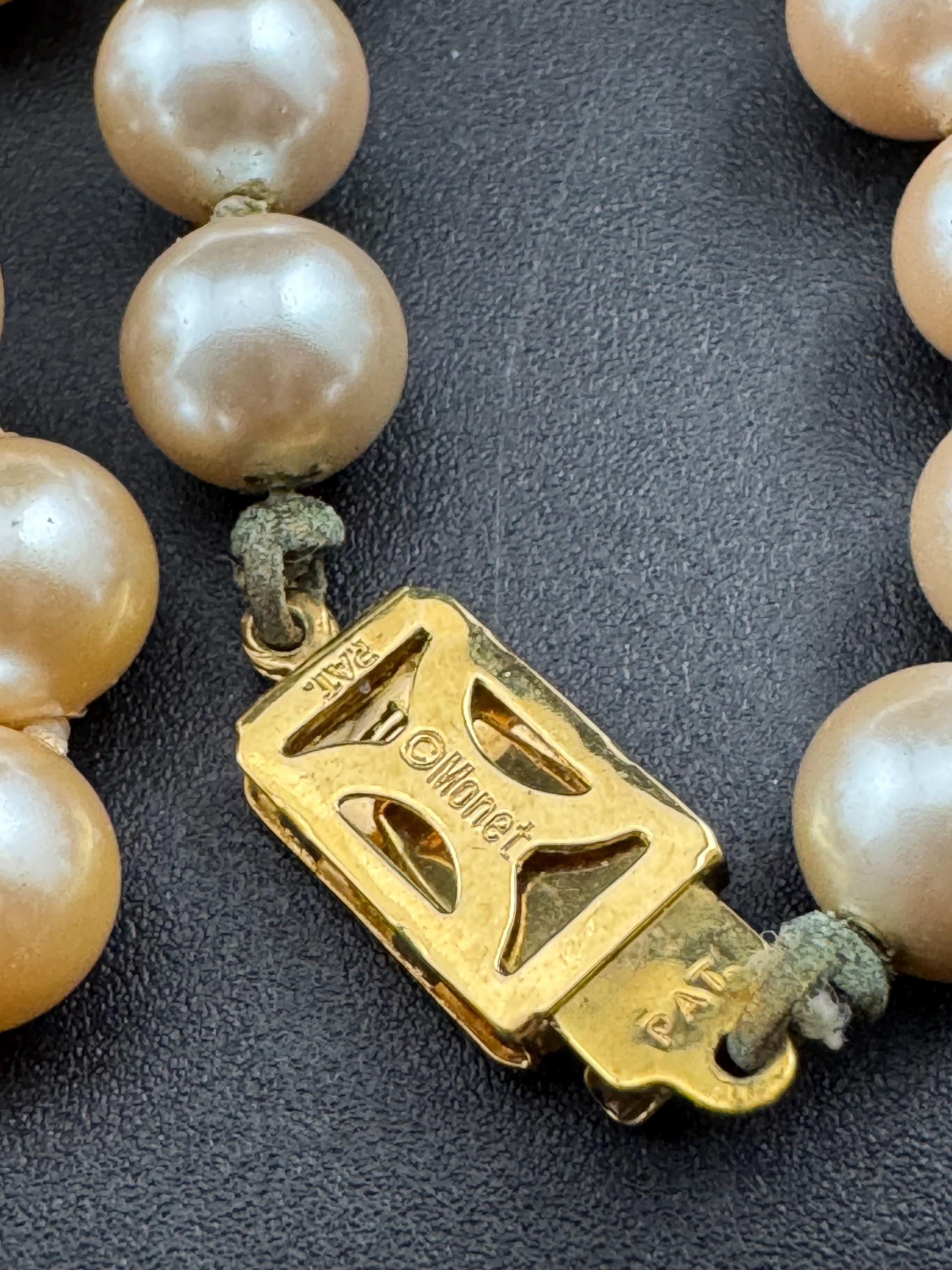 MONET signed Oyster cream knotted glass pearl necklace Vintage 92cm single strand row of pearls, gold tone