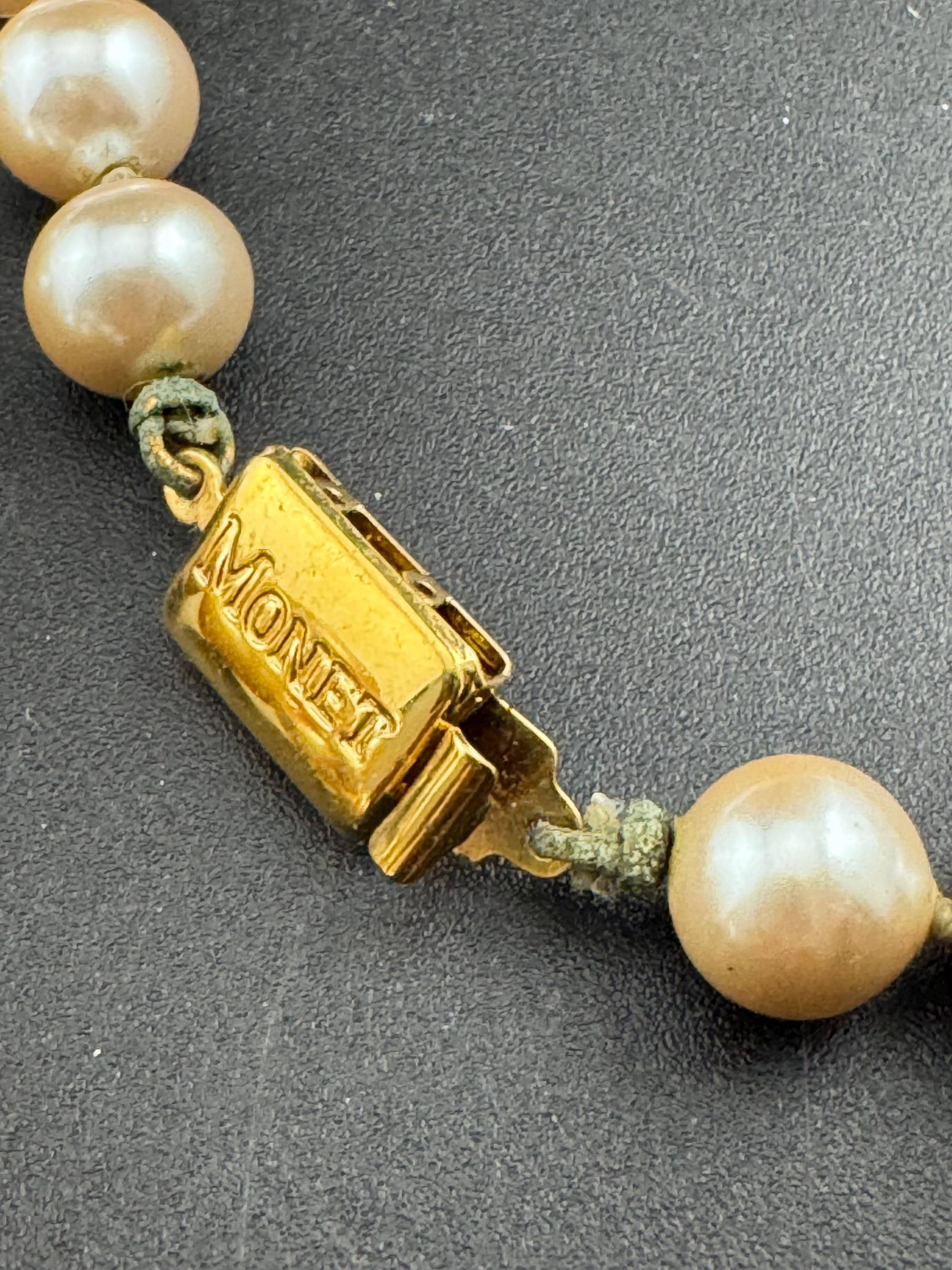 MONET signed Oyster cream knotted glass pearl necklace Vintage 92cm single strand row of pearls, gold tone