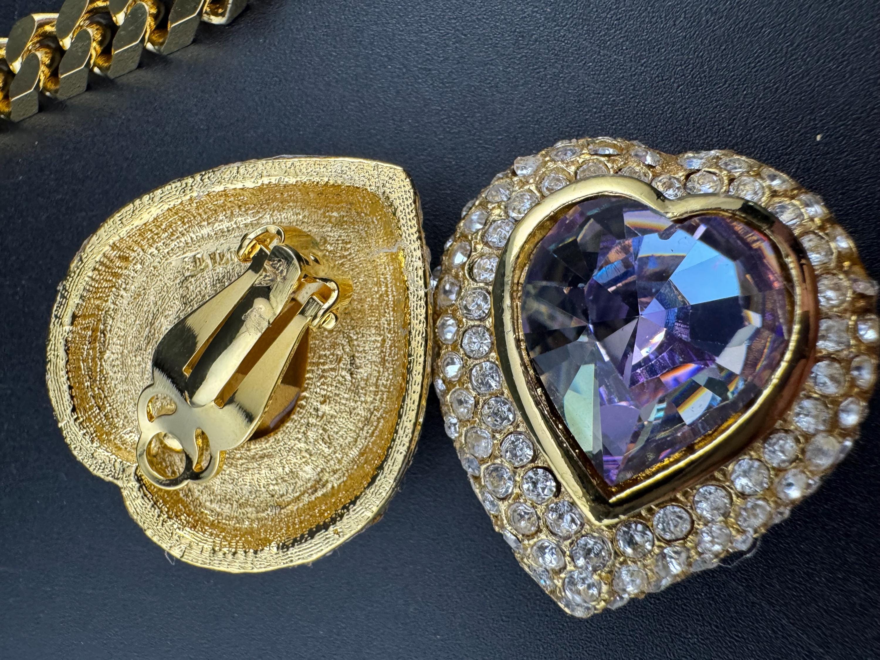 Vintage purple AB and clear Swarovski crystal love heart gold tone necklace and oversized clip on earrings jewellery set