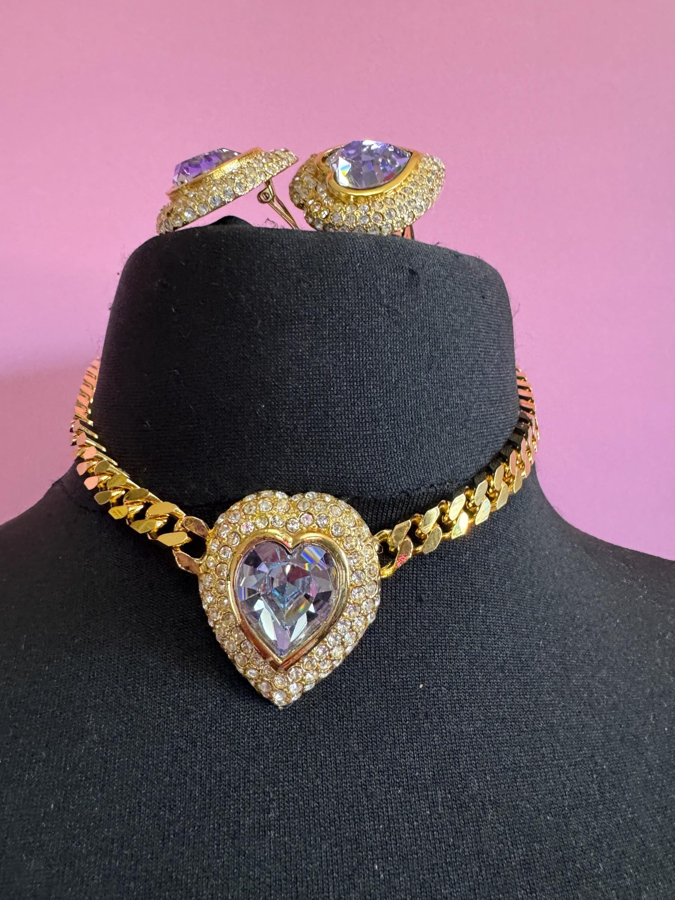 Vintage purple AB and clear Swarovski crystal love heart gold tone necklace and oversized clip on earrings jewellery set