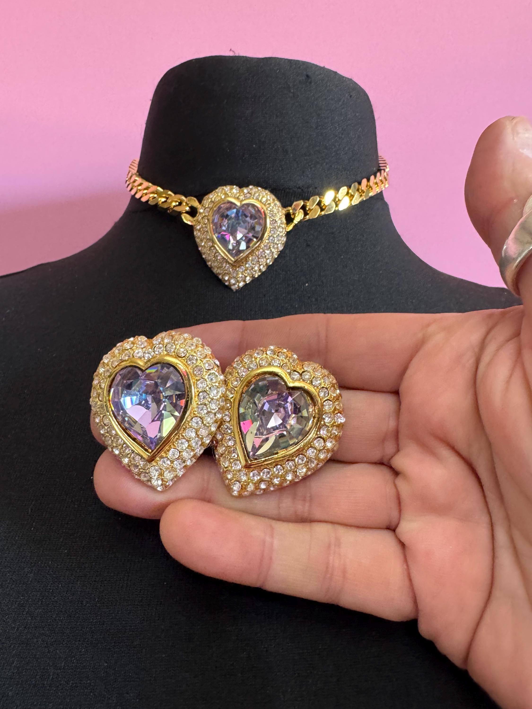 Vintage purple AB and clear Swarovski crystal love heart gold tone necklace and oversized clip on earrings jewellery set