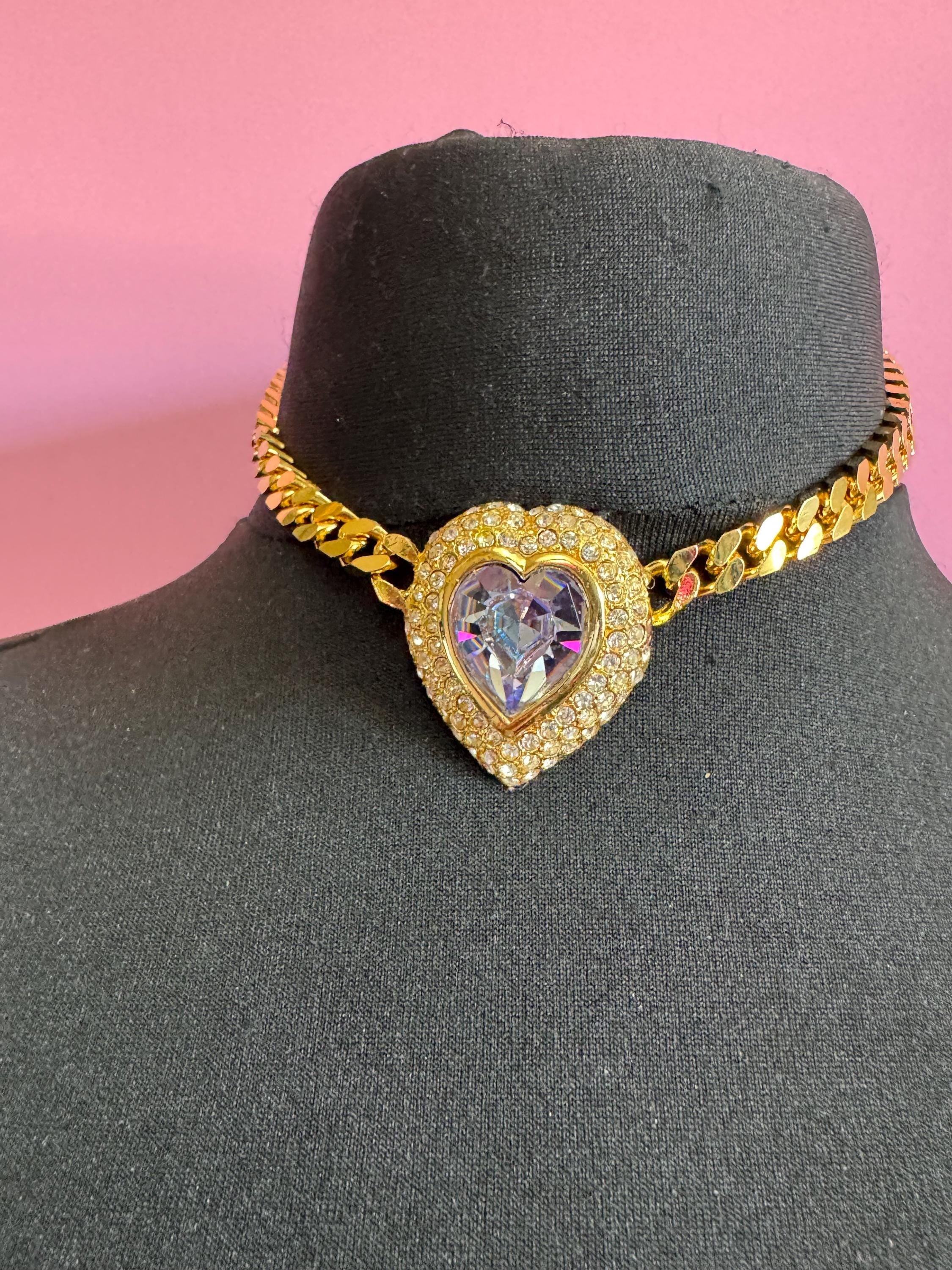 Vintage purple AB and clear Swarovski crystal love heart gold tone necklace and oversized clip on earrings jewellery set