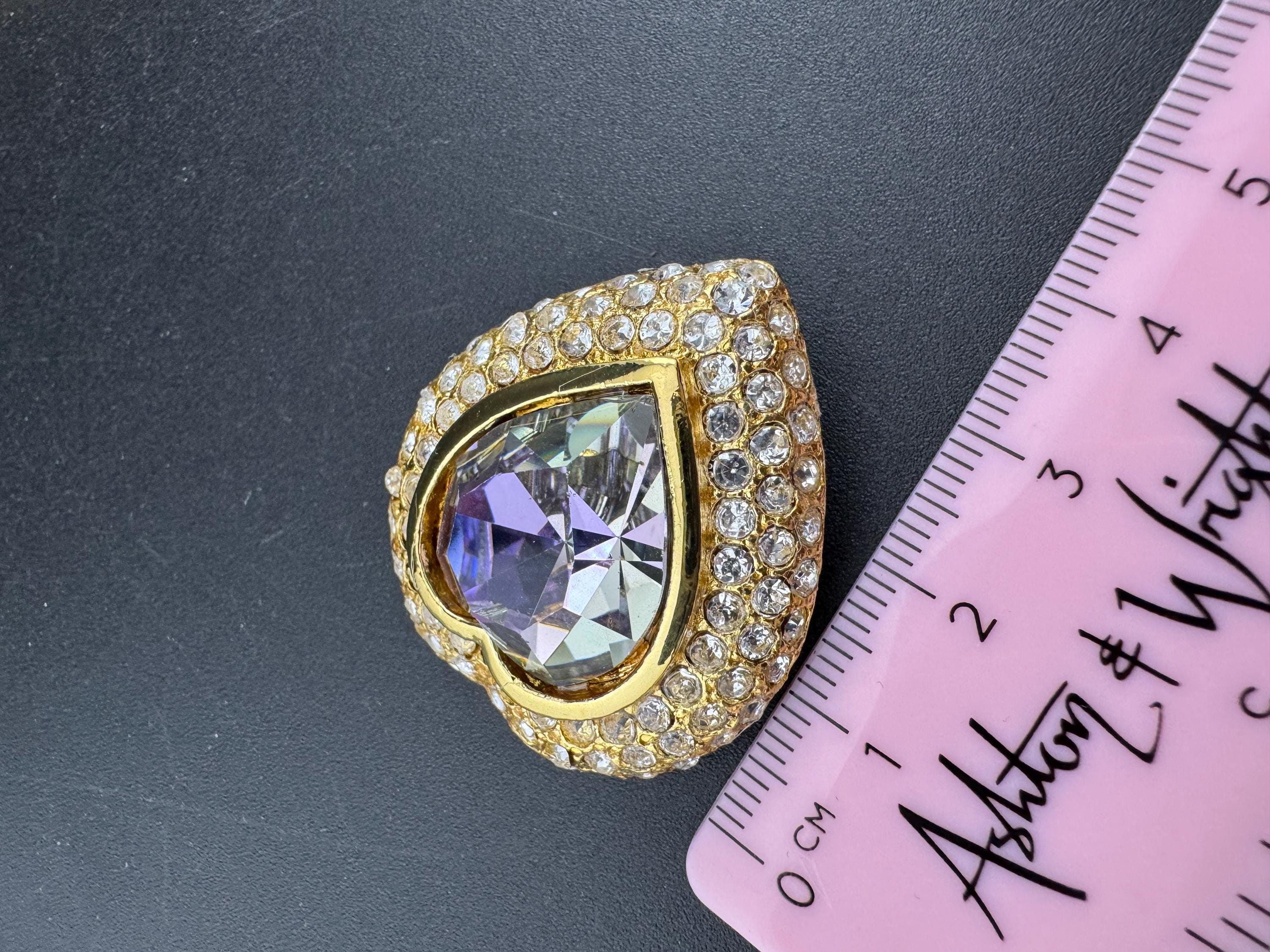 Vintage purple AB and clear Swarovski crystal love heart gold tone necklace and oversized clip on earrings jewellery set