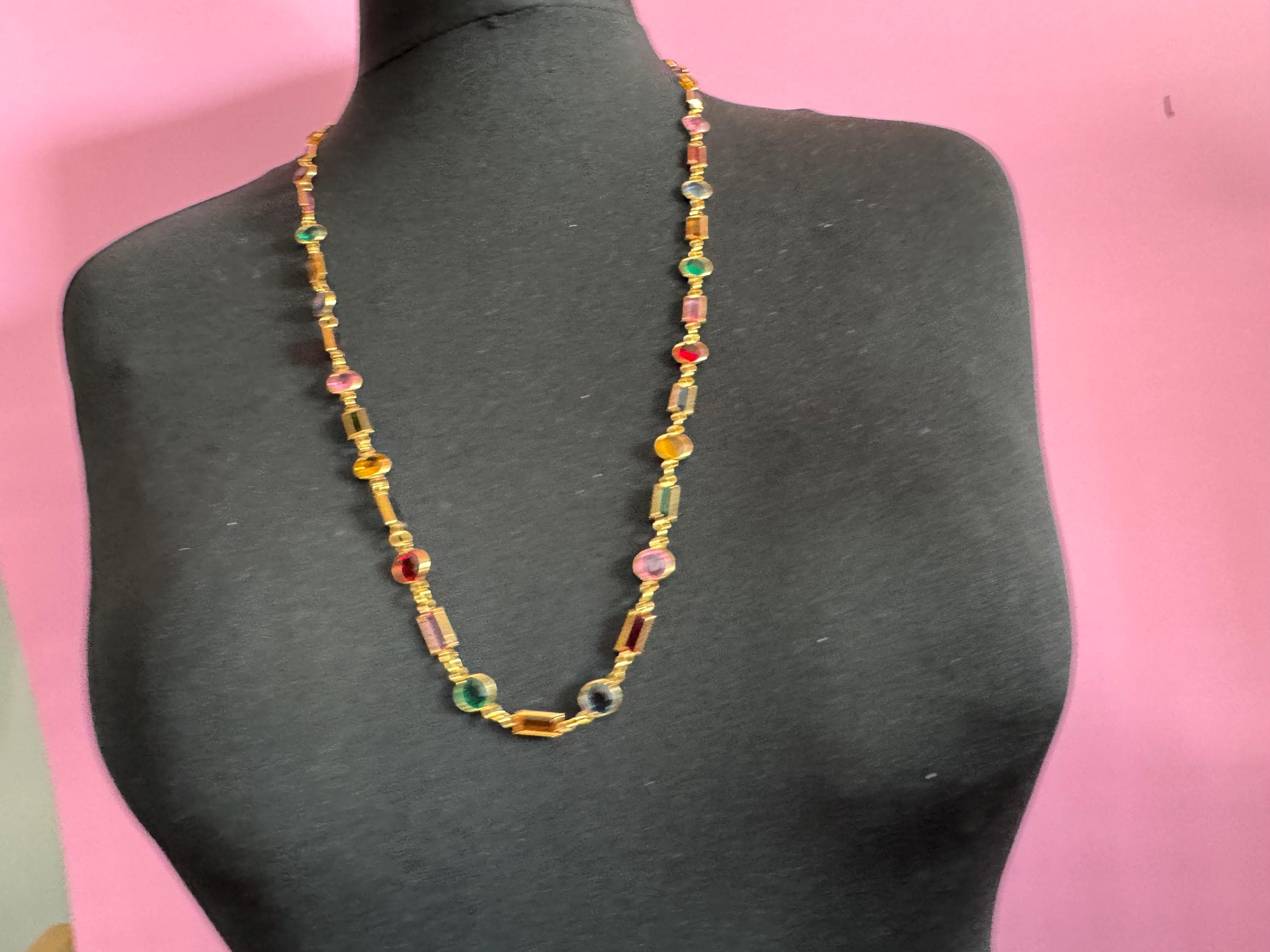 vintage multi coloured geometric crystal Rivière bezel gold plated necklace 80cm