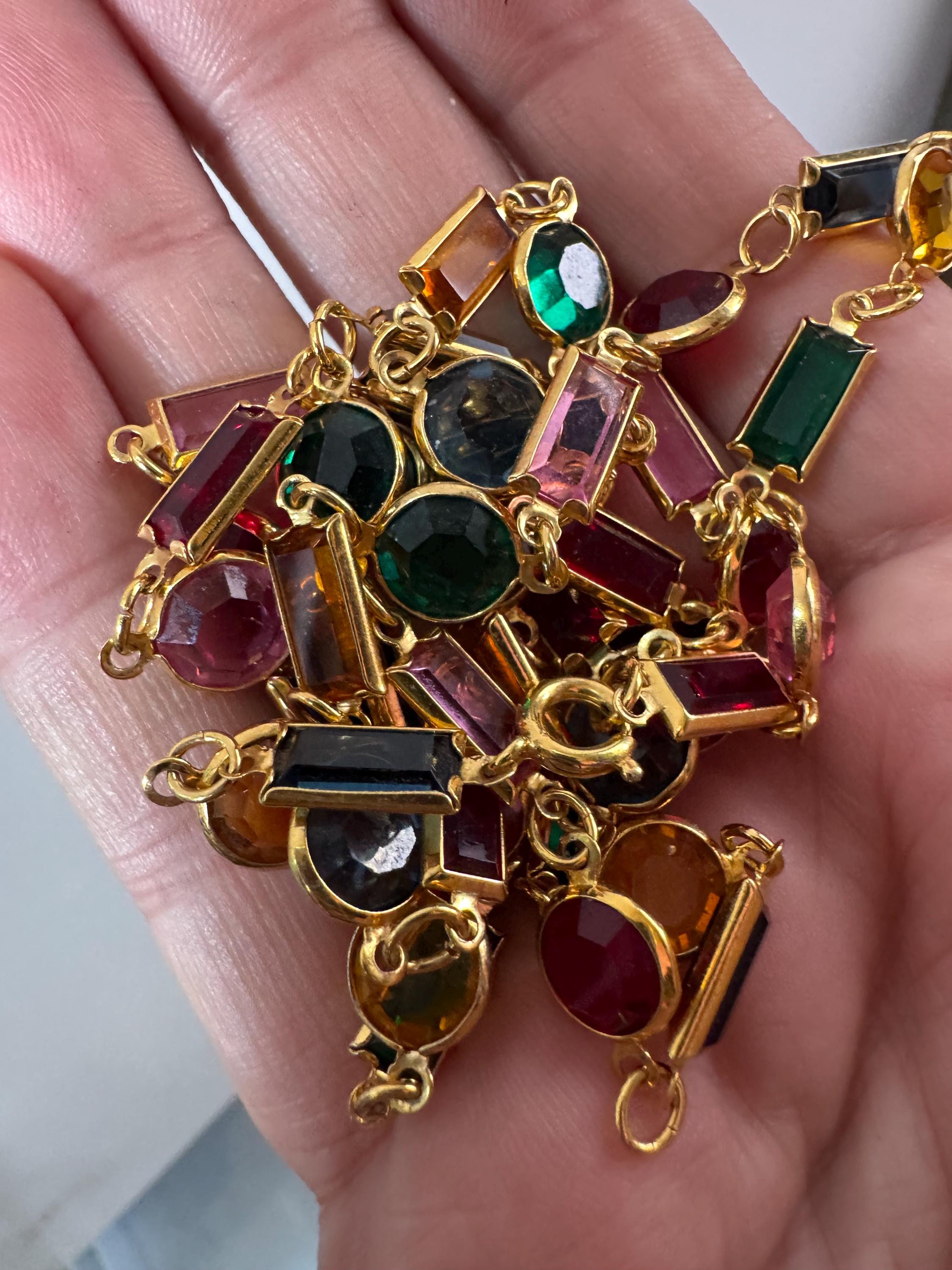 vintage multi coloured geometric crystal Rivière bezel gold plated necklace 80cm