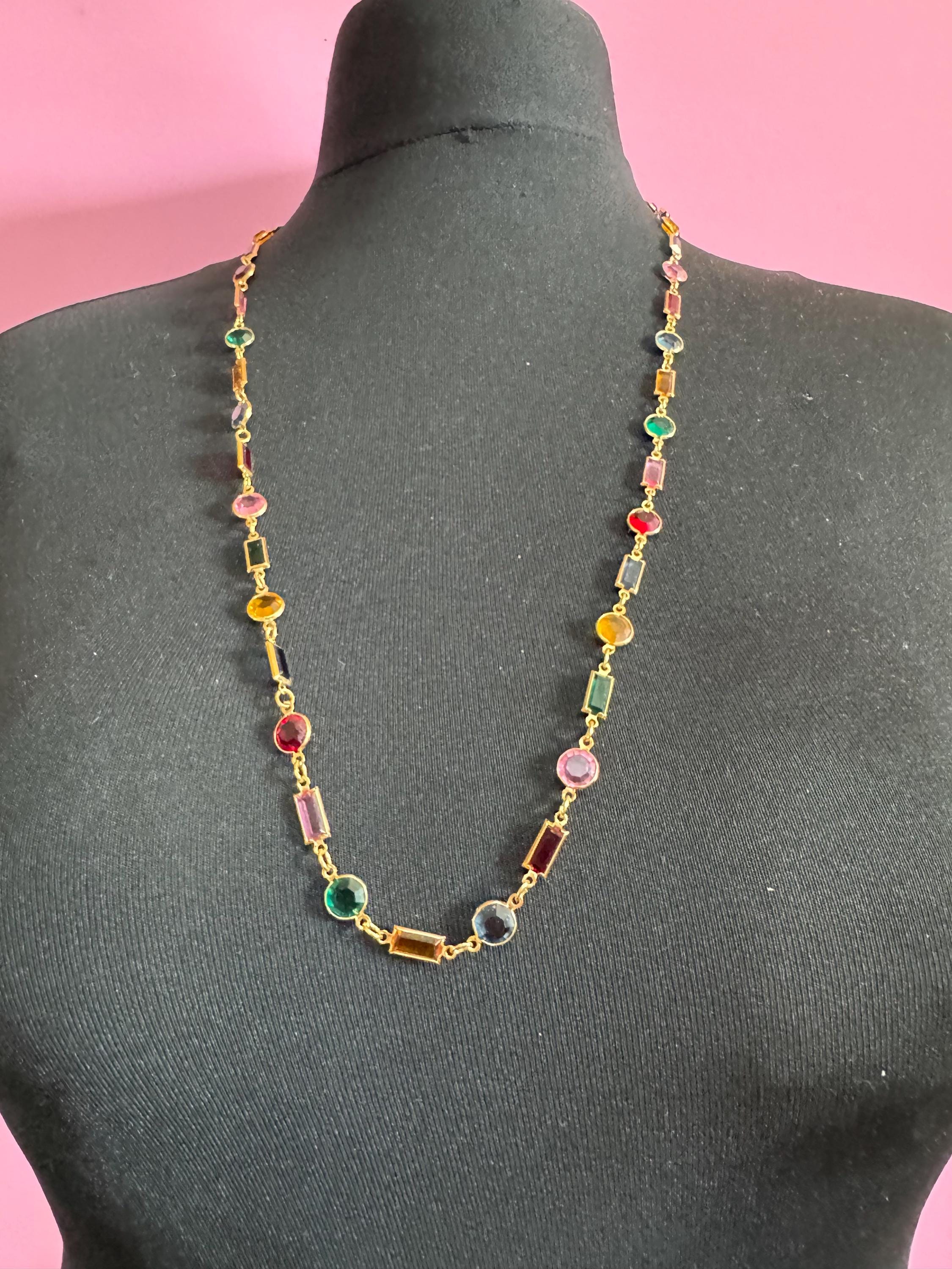 vintage multi coloured geometric crystal Rivière bezel gold plated necklace 80cm