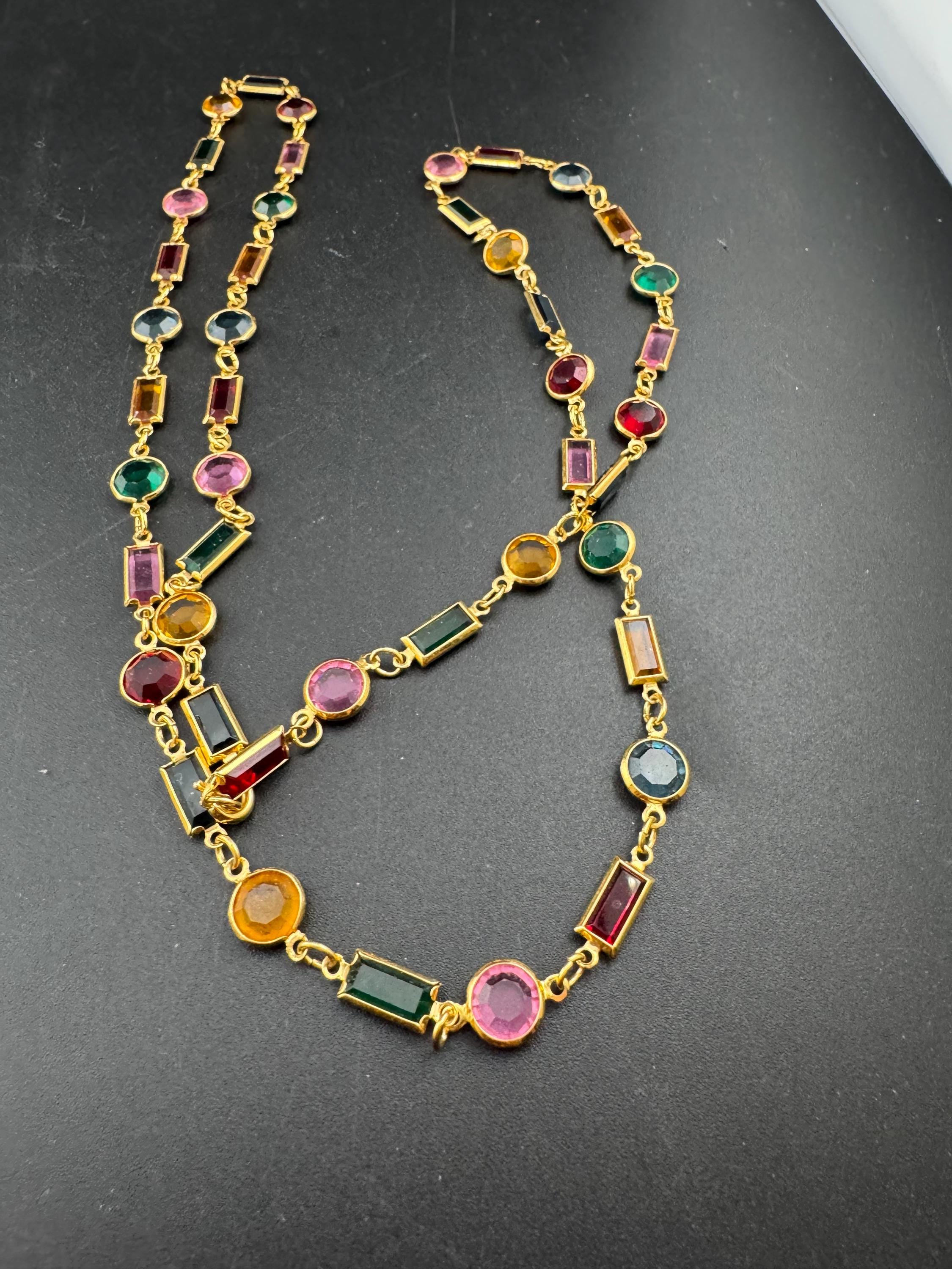 vintage multi coloured geometric crystal Rivière bezel gold plated necklace 80cm