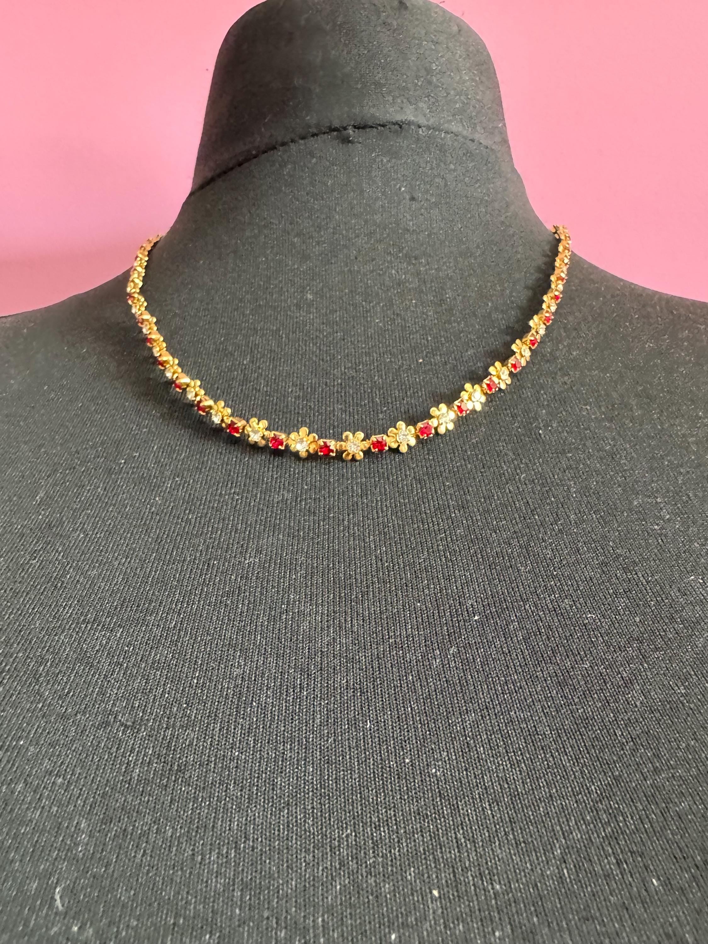 Retro 1980s dainty fancy link Ruby floral diamanté necklace