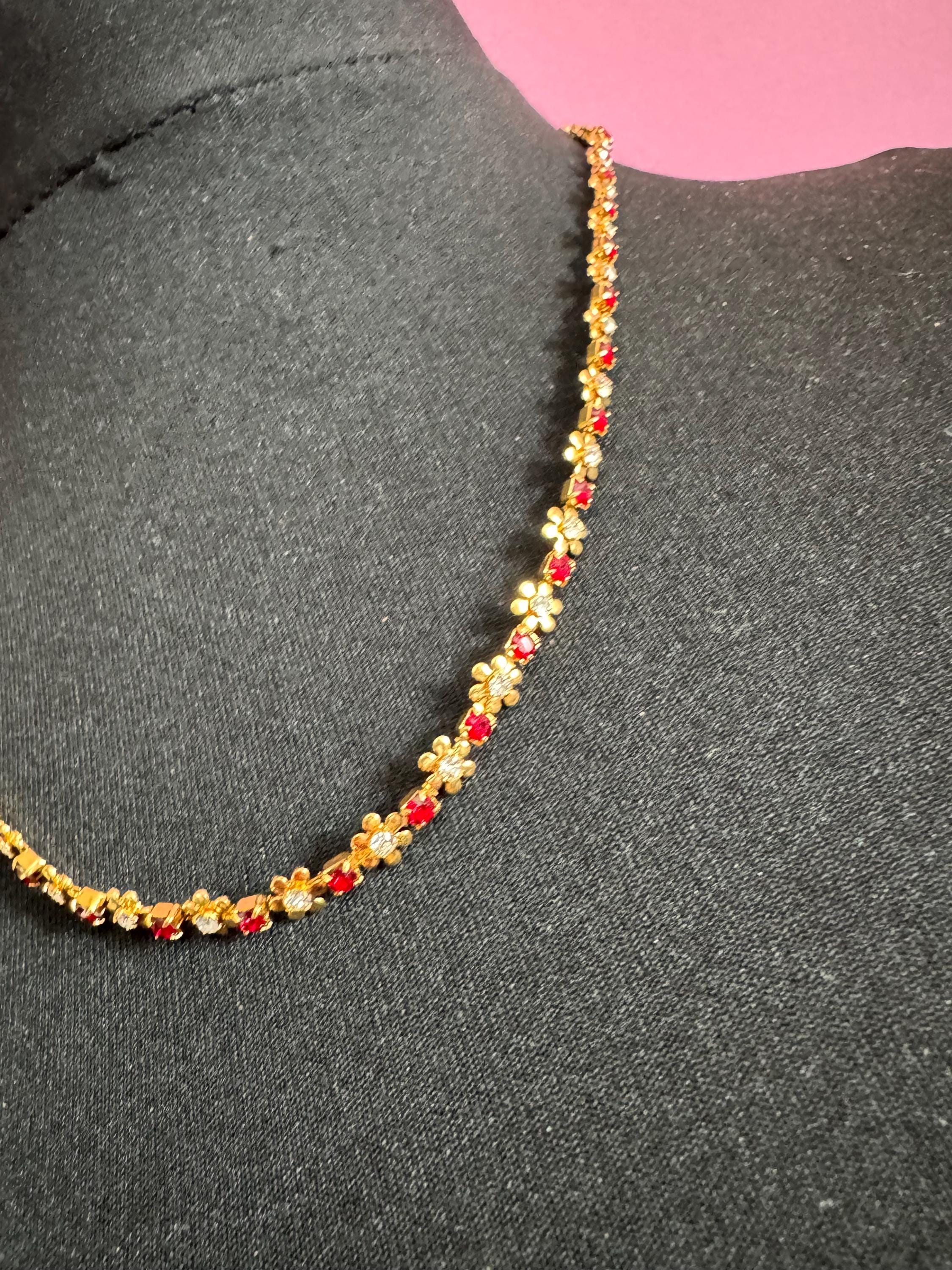 Retro 1980s dainty fancy link Ruby floral diamanté necklace