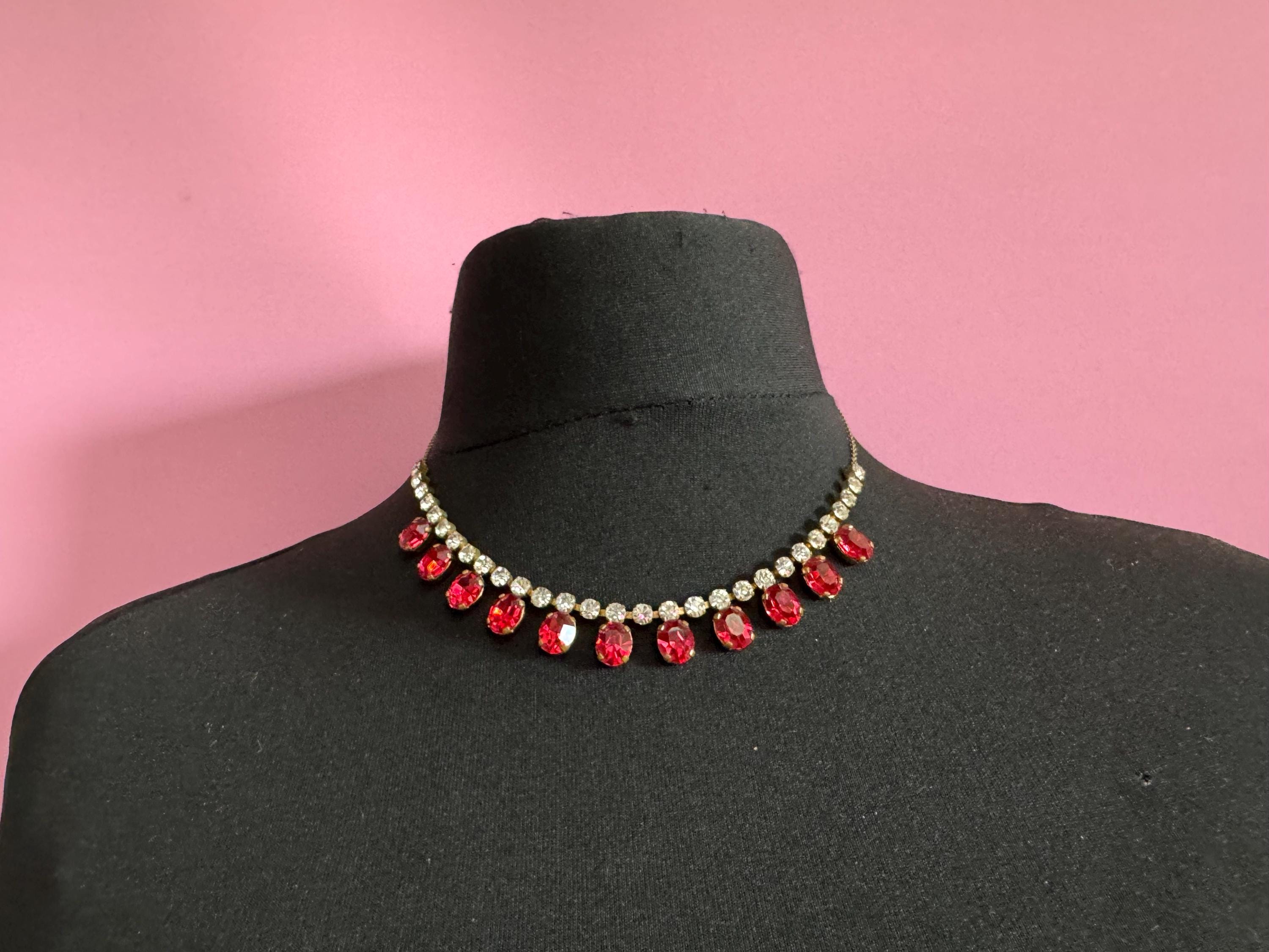 44cm Ruby red pink diamanté crystal drop necklace, fine chain, glass rhinestones, vintage