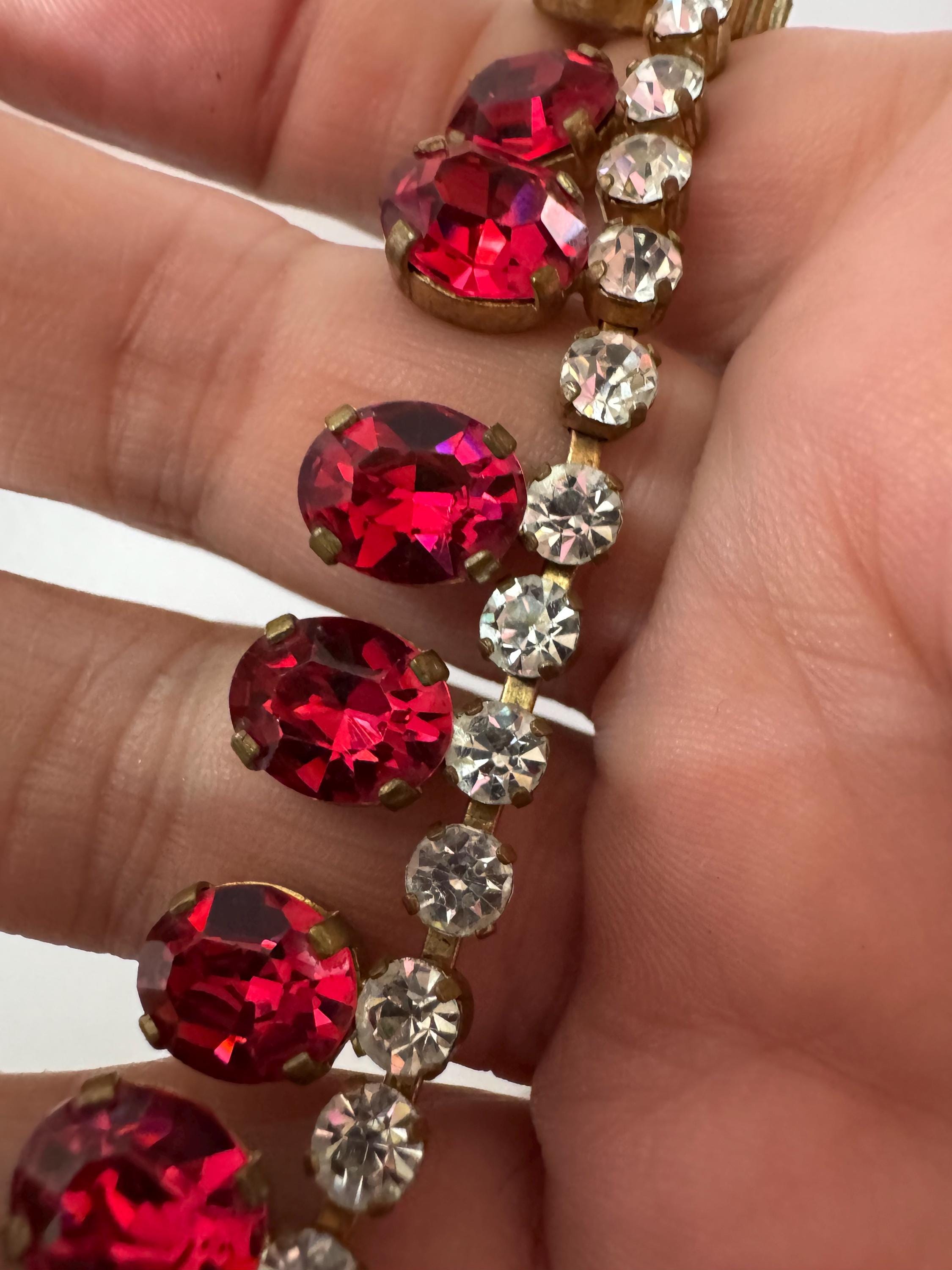 44cm Ruby red pink diamanté crystal drop necklace, fine chain, glass rhinestones, vintage