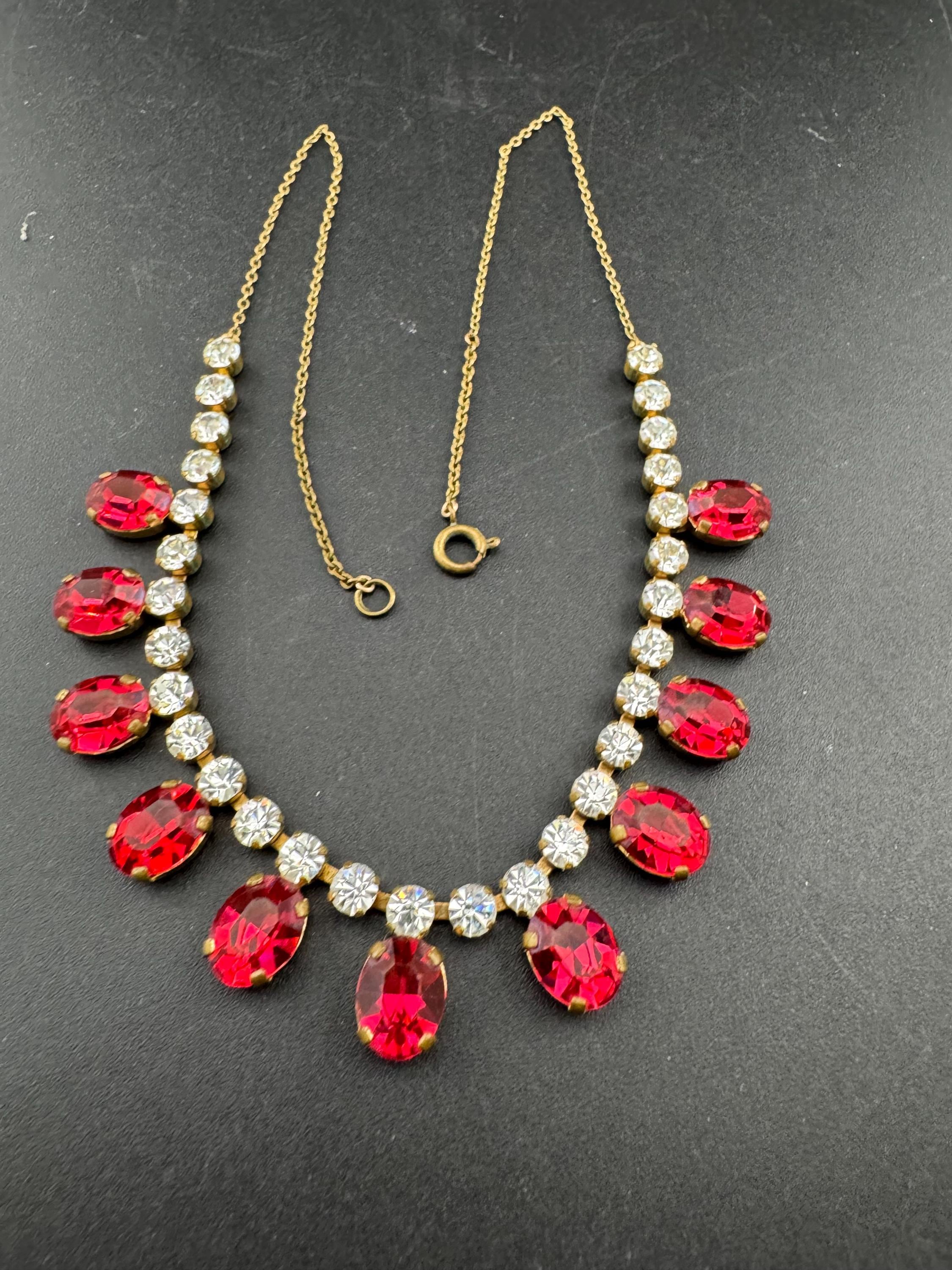 44cm Ruby red pink diamanté crystal drop necklace, fine chain, glass rhinestones, vintage