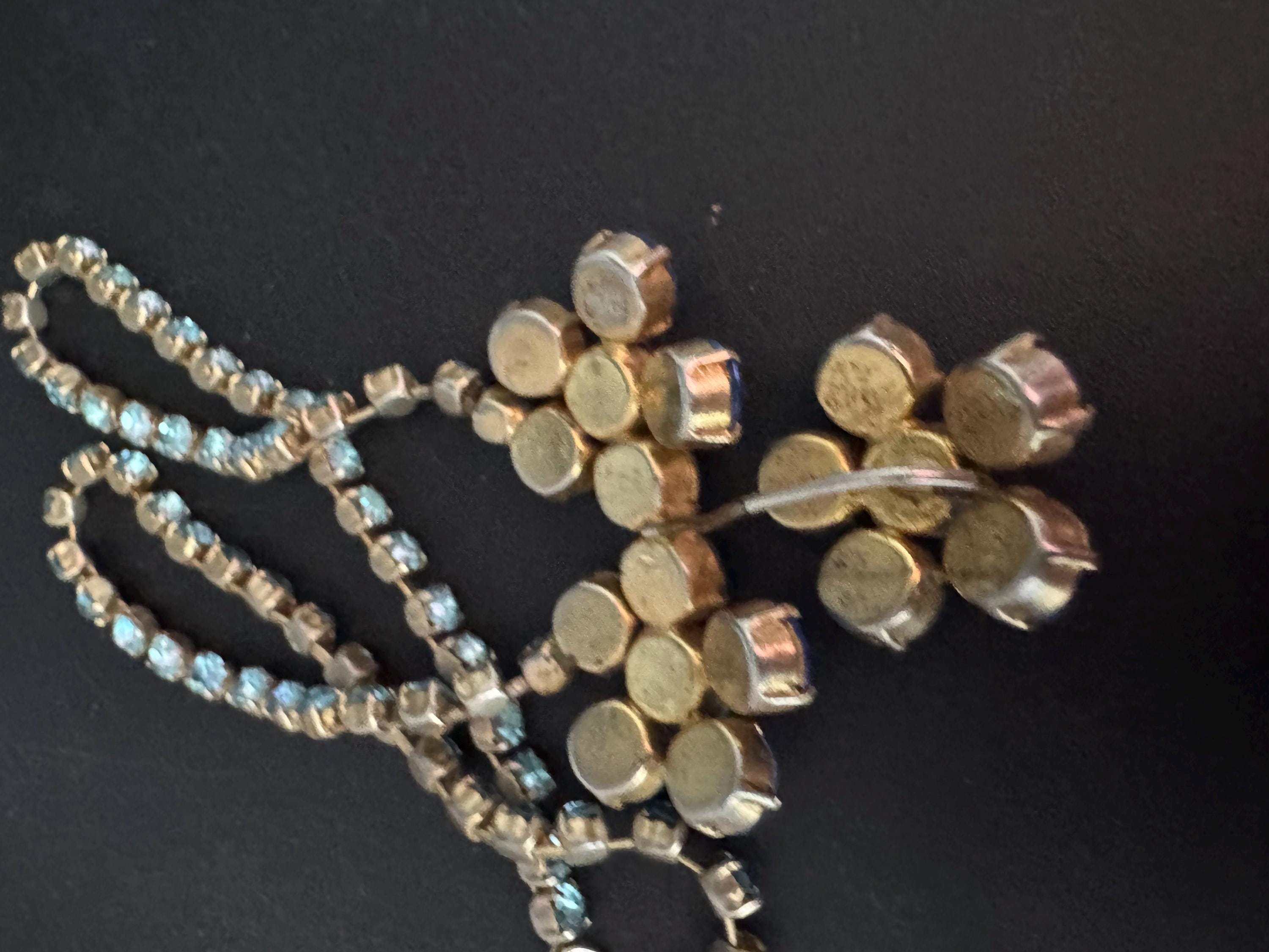Hydrangea blue turquoise diamanté crystal drop necklace, glass rhinestones, vintage