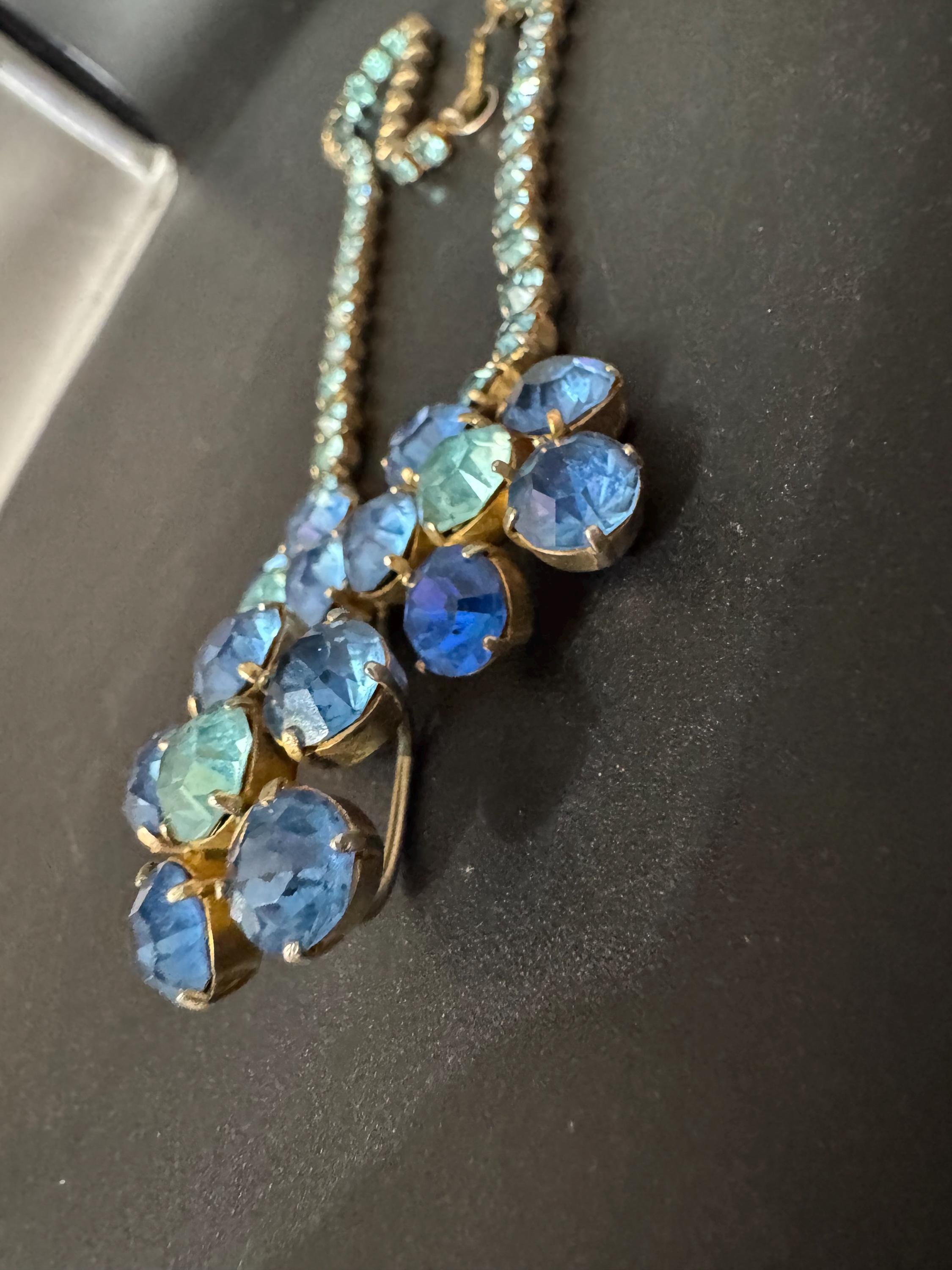 Hydrangea blue turquoise diamanté crystal drop necklace, glass rhinestones, vintage