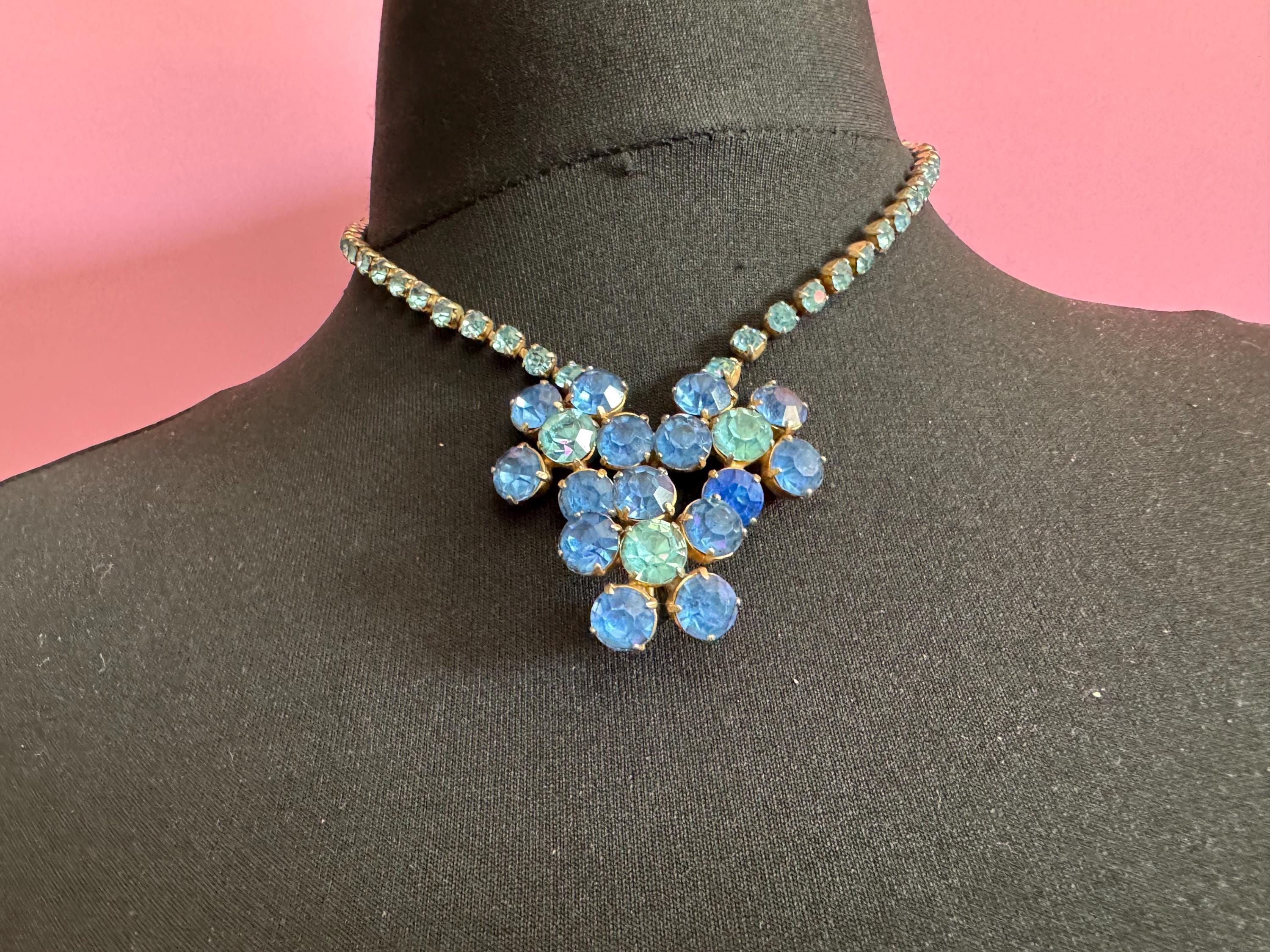 Hydrangea blue turquoise diamanté crystal drop necklace, glass rhinestones, vintage