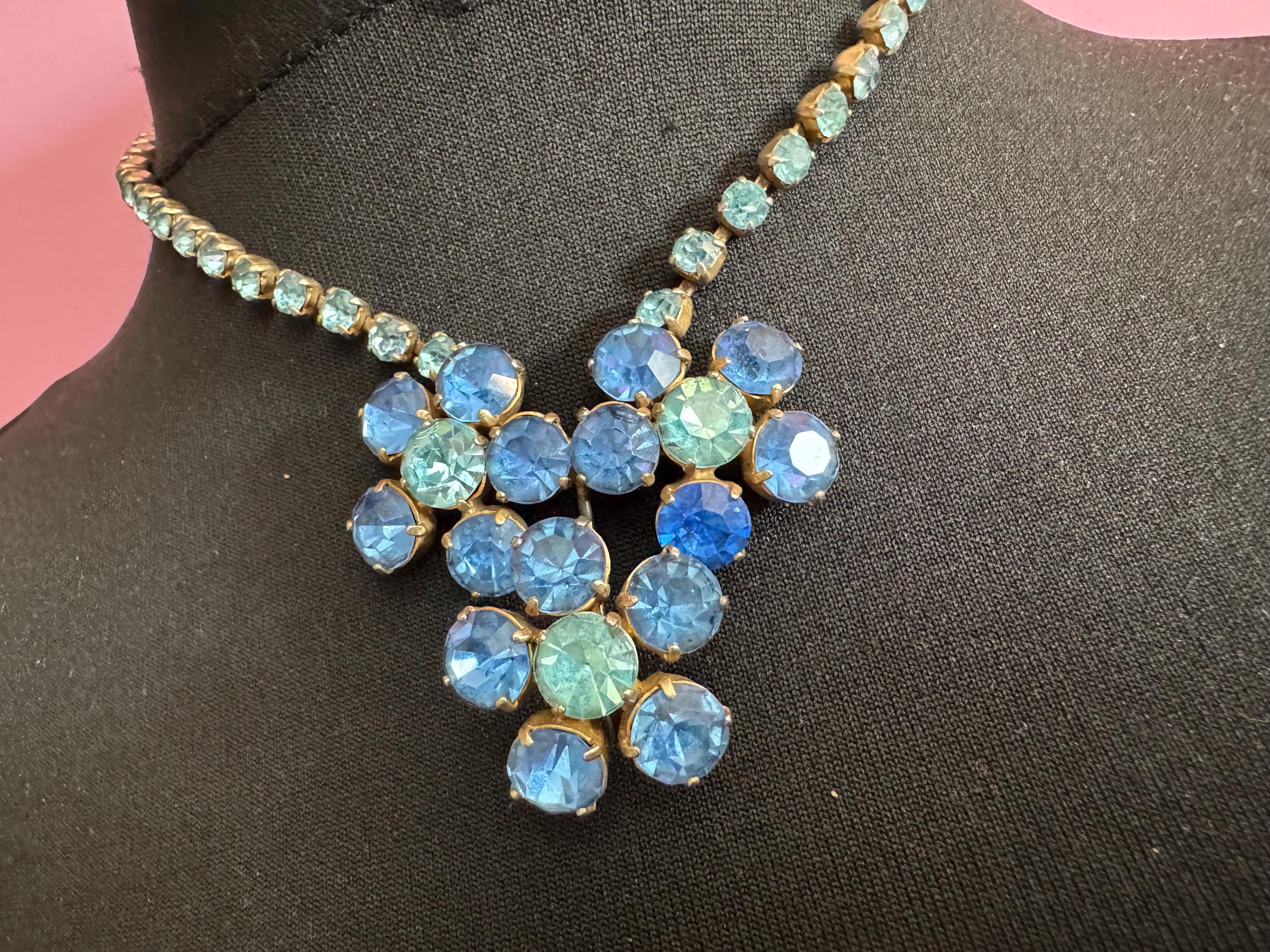 Hydrangea blue turquoise diamanté crystal drop necklace, glass rhinestones, vintage