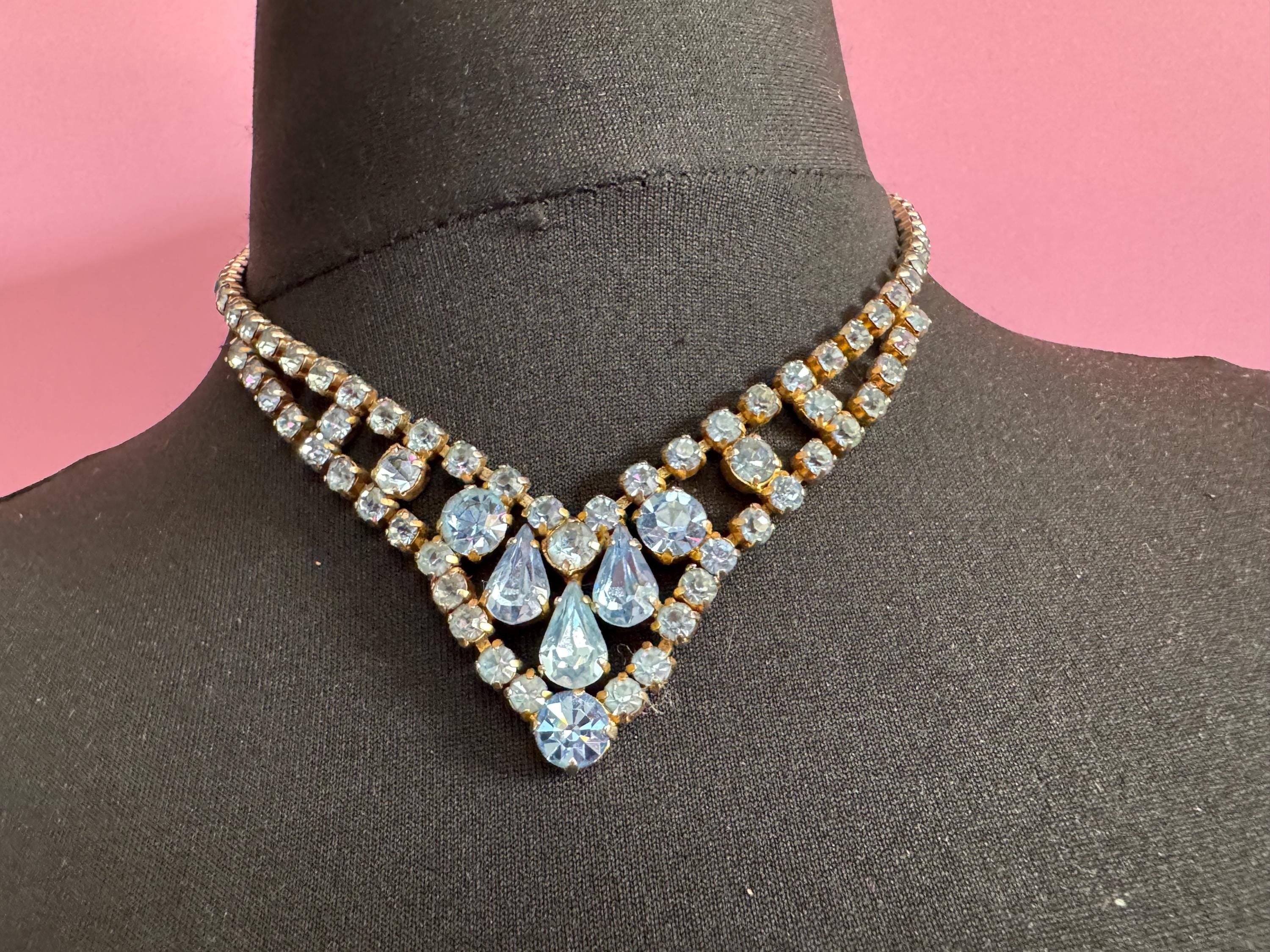 Light blue diamanté crystal drop necklace, glass rhinestones, vintage
